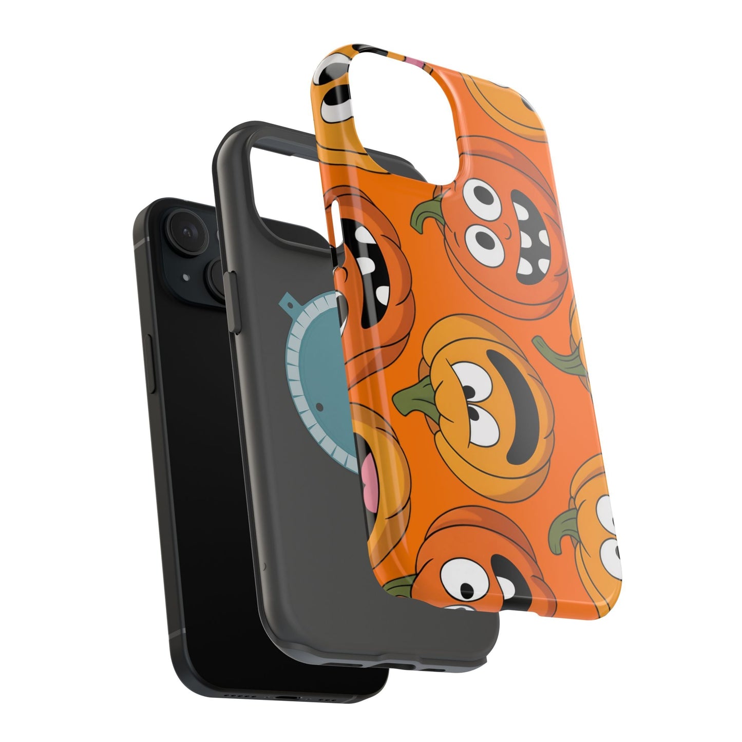 iPhone case with Moody Pumpkins Design featuring vibrant spooky pumpkins, durable polycarbonate and TPU construction, MagSafe compatible