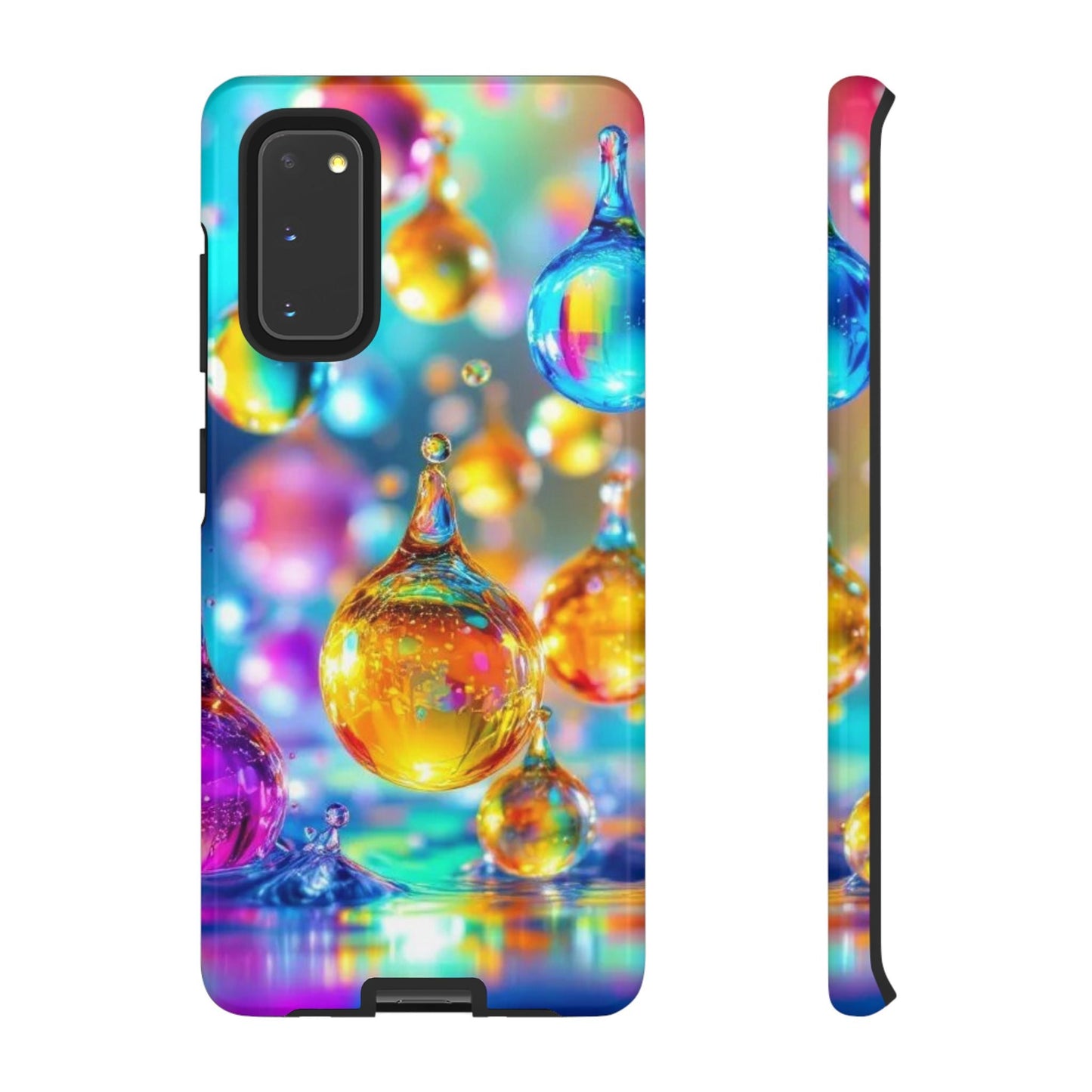 Samsung phone case featuring a colorful 3D golden raindrop design with durable shock-absorbing protection