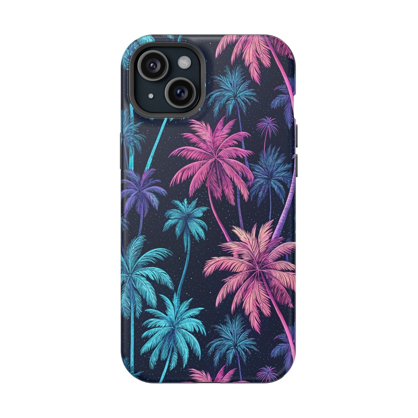 iPhone phone case with neon pink and blue palm trees on a black background, featuring MagSafe compatibility and dual-layer protection.