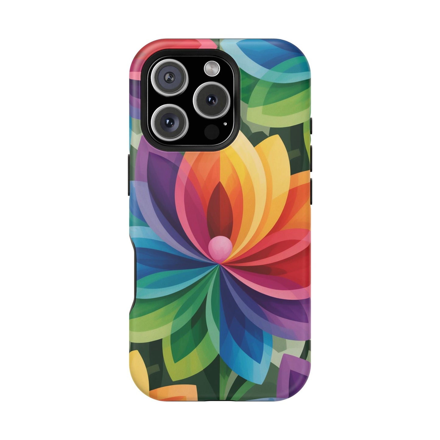 Rainbow Flower iPhone Case with vibrant multicolor floral design and durable dual-layer protection, MagSafe compatible