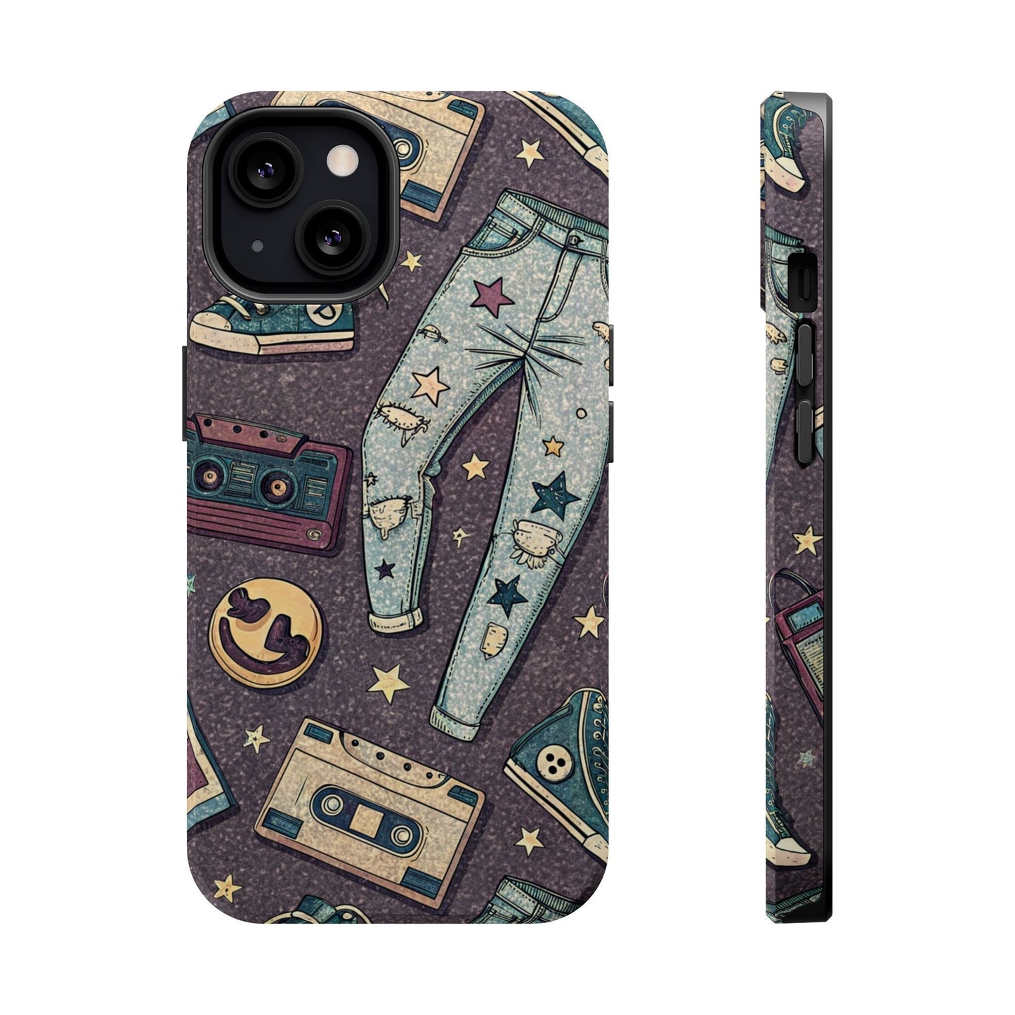 iPhone tough case with 90s grunge cassette tape collage design featuring ripped jeans and retro elements, durable dual-layer protection with MagSafe compatibility