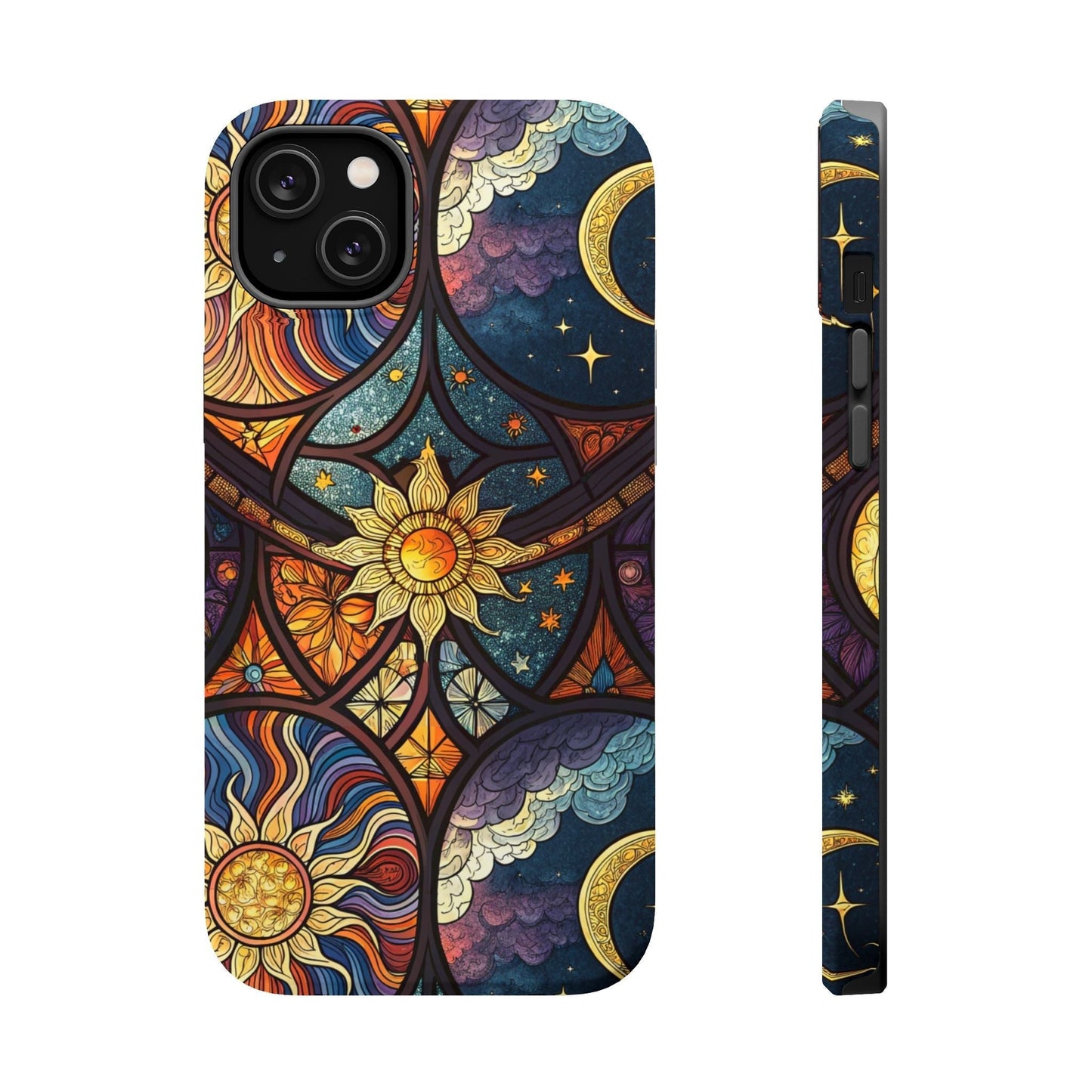 Sun and Moon iPhone case with vibrant celestial design, dual-layer protection, and MagSafe compatibility in matte or glossy finish