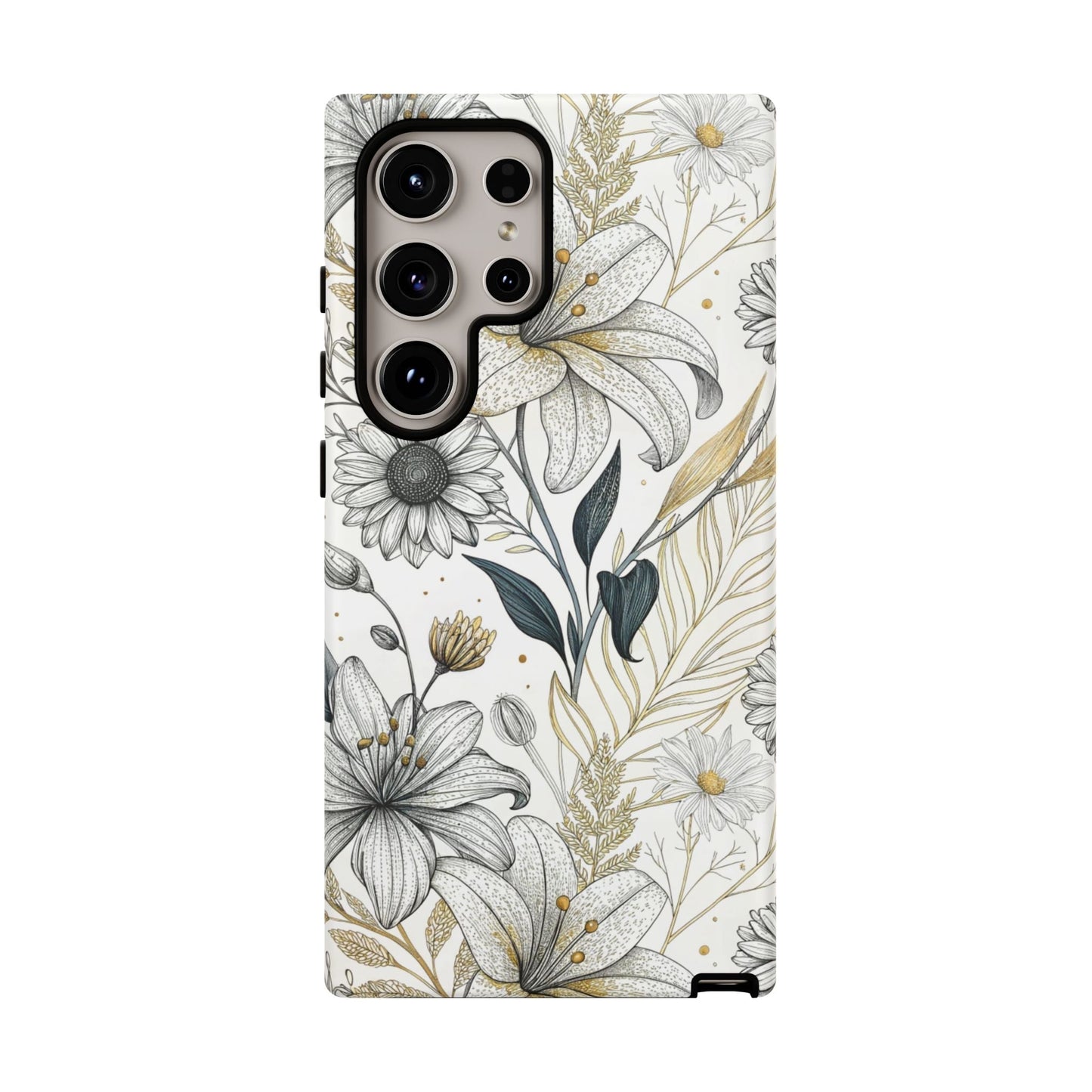 Samsung tough phone case with golden leaf minimalist floral design and durable drop protection