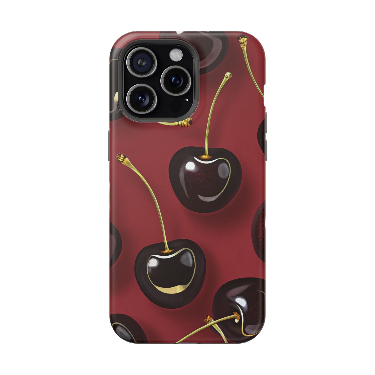 Cherry iPhone tough case with durable dual-layer protection and vibrant photo-realistic cherry design, MagSafe compatible.