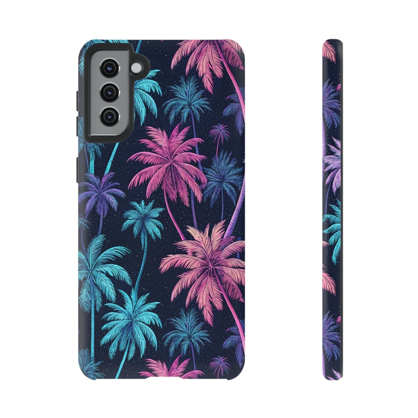 Neon Palm Tree Phone Case for Samsung Galaxy with vibrant pink and blue tropical palm tree design and durable slim fit.