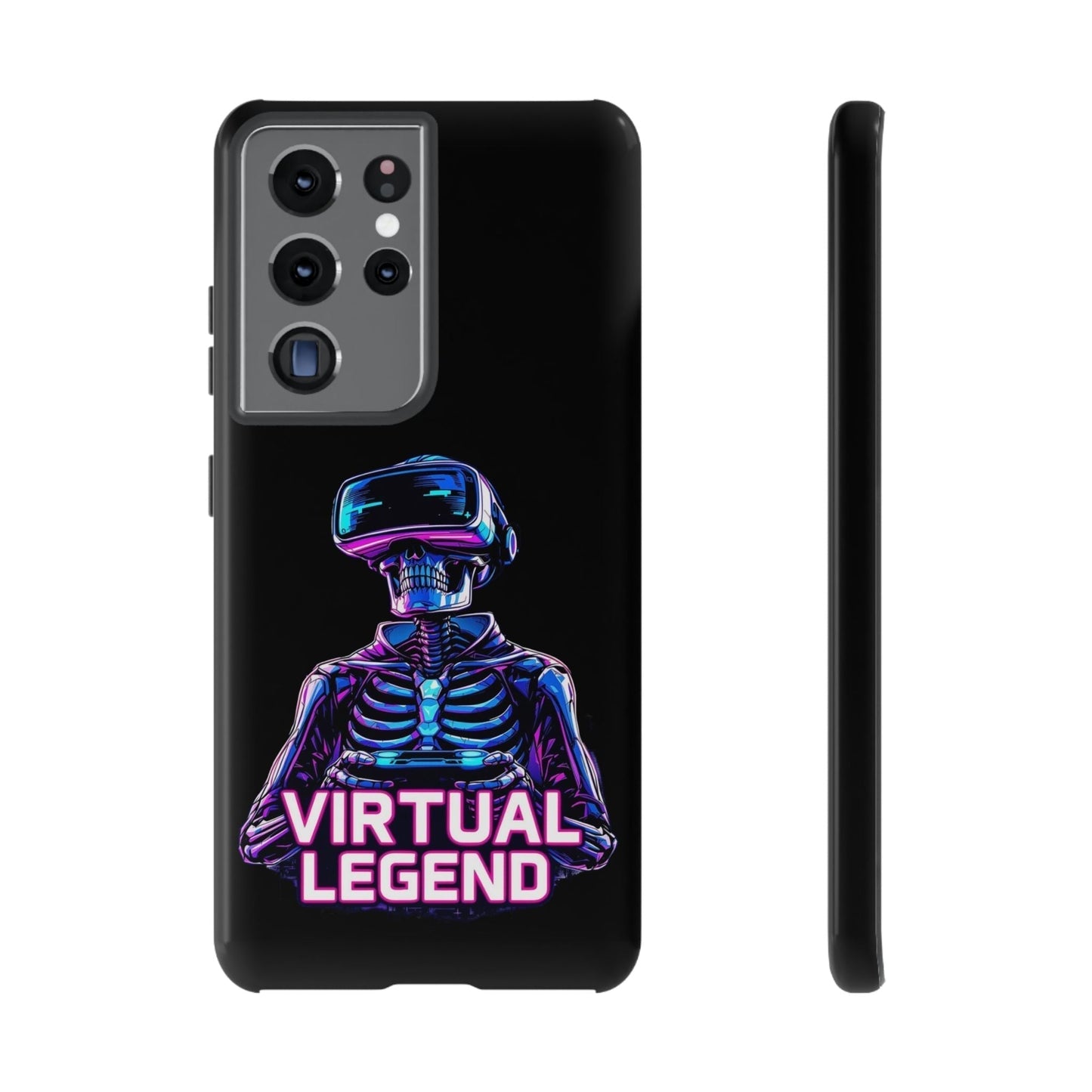 Black Samsung phone case with neon skeleton wearing VR headset and "Virtual Legend" text for shockproof protection
