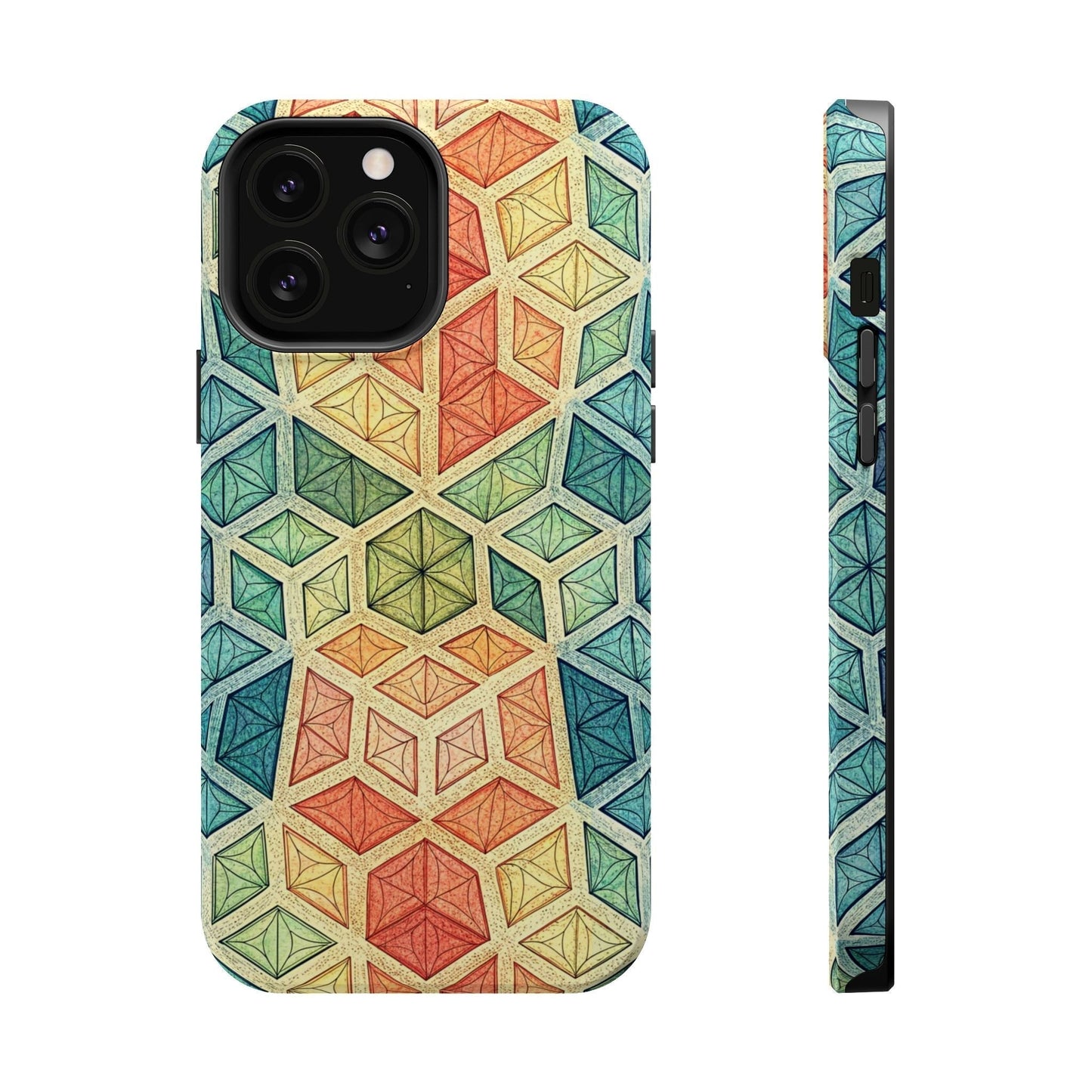 Colorful fractal geometric pattern iPhone magnetic tough case with durable polycarbonate and TPU dual-layer design.