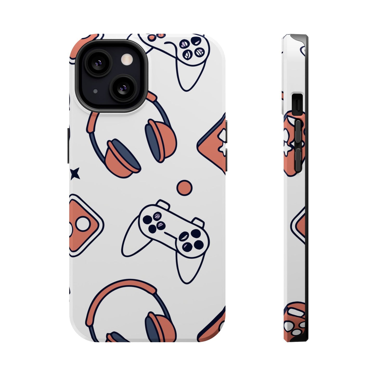 Gamer iPhone tough case with gaming controller and headset design, durable polycarbonate and TPU protection, MagSafe compatible.