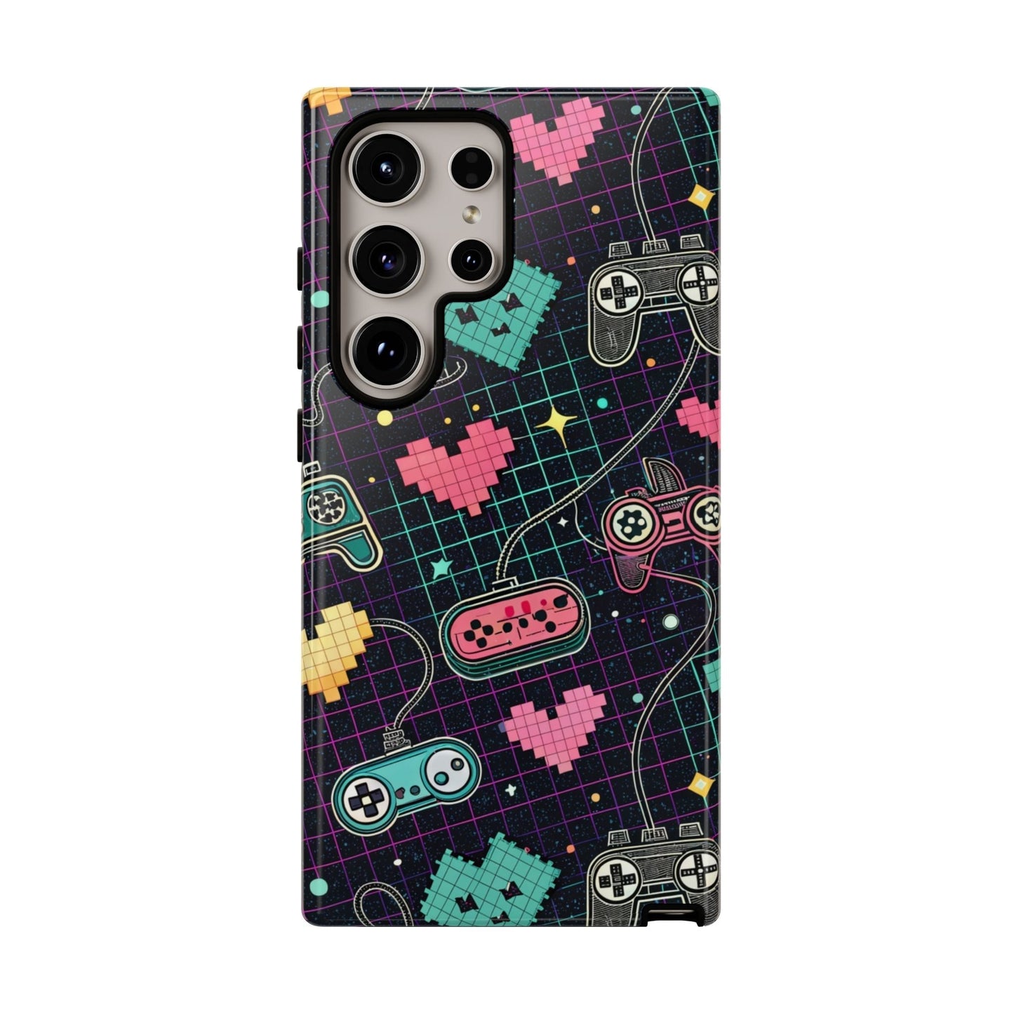 Retro Gamer Tough Case for Samsung Galaxy with colorful pixel hearts and classic game controllers design
