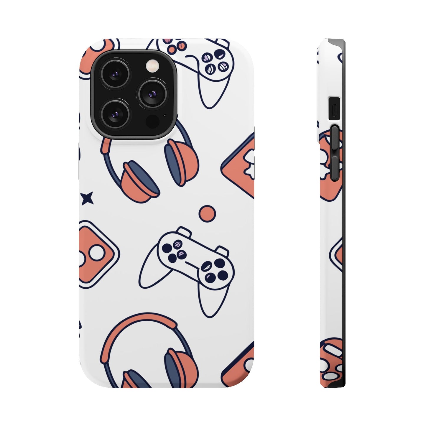 Gamer iPhone tough case with colorful gaming controller and headset design, durable polycarbonate and TPU protection, MagSafe compatible