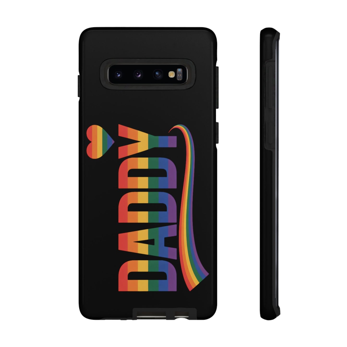 Samsung Tough Case for Samsung phone with colorful LGBT-inspired "DADDY" text and rainbow design on black protective cover