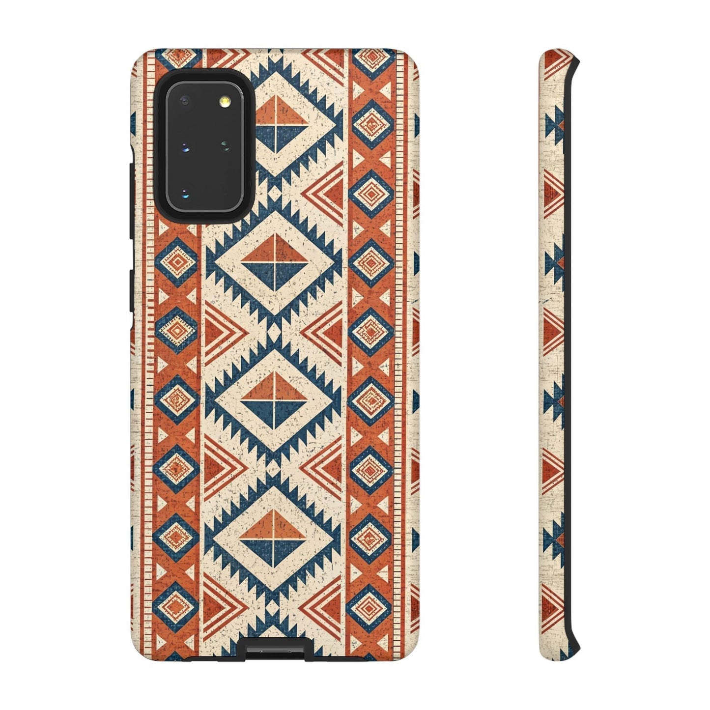 Tribal design Samsung tough phone case with geometric pattern in orange, blue, and beige for Samsung Galaxy models