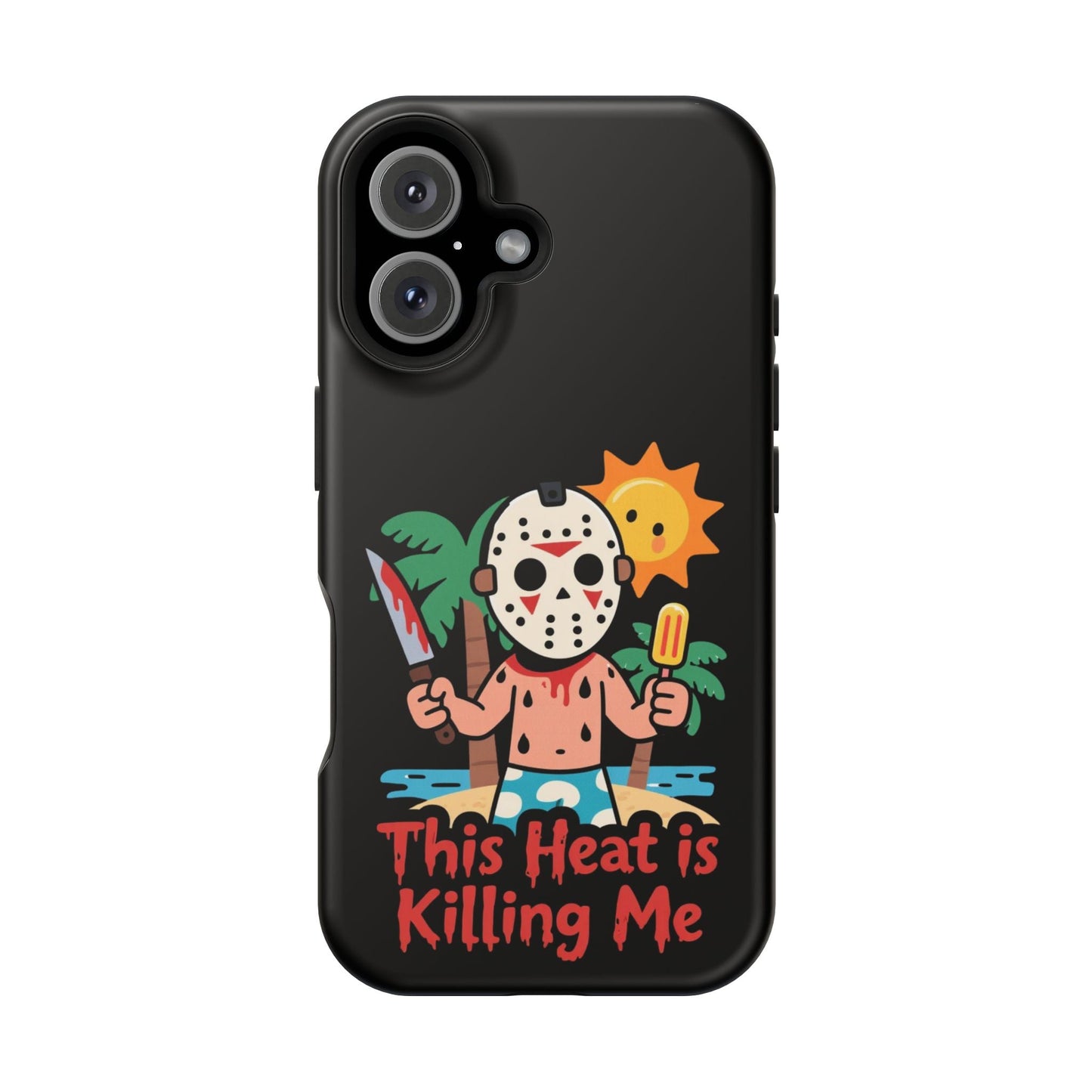 Funny summerween inspired iPhone case with "This Heat is Killing Me" text and cartoon character holding a popsicle and knife under the sun, MagSafe compatible.