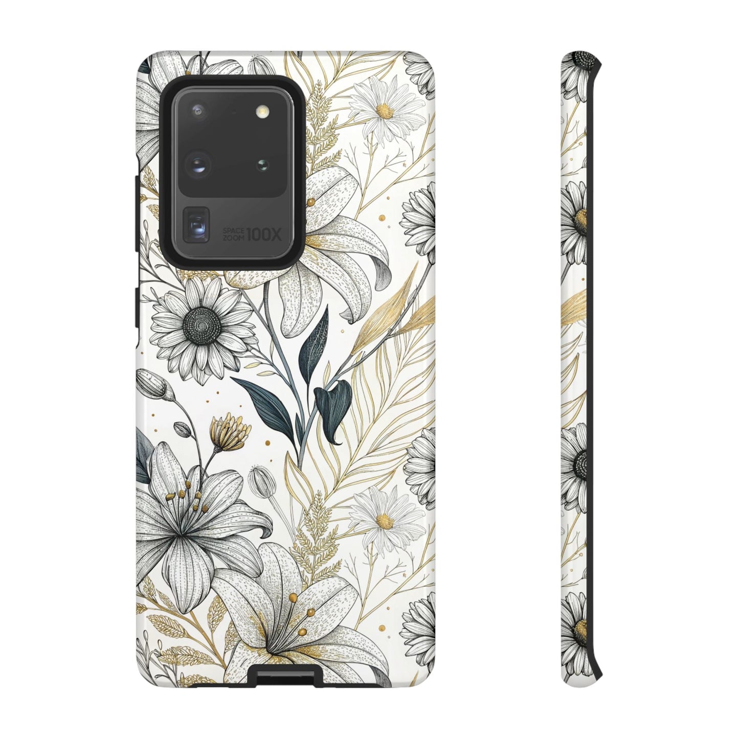 Minimalist Samsung tough case with elegant golden leaf and floral design for drop protection