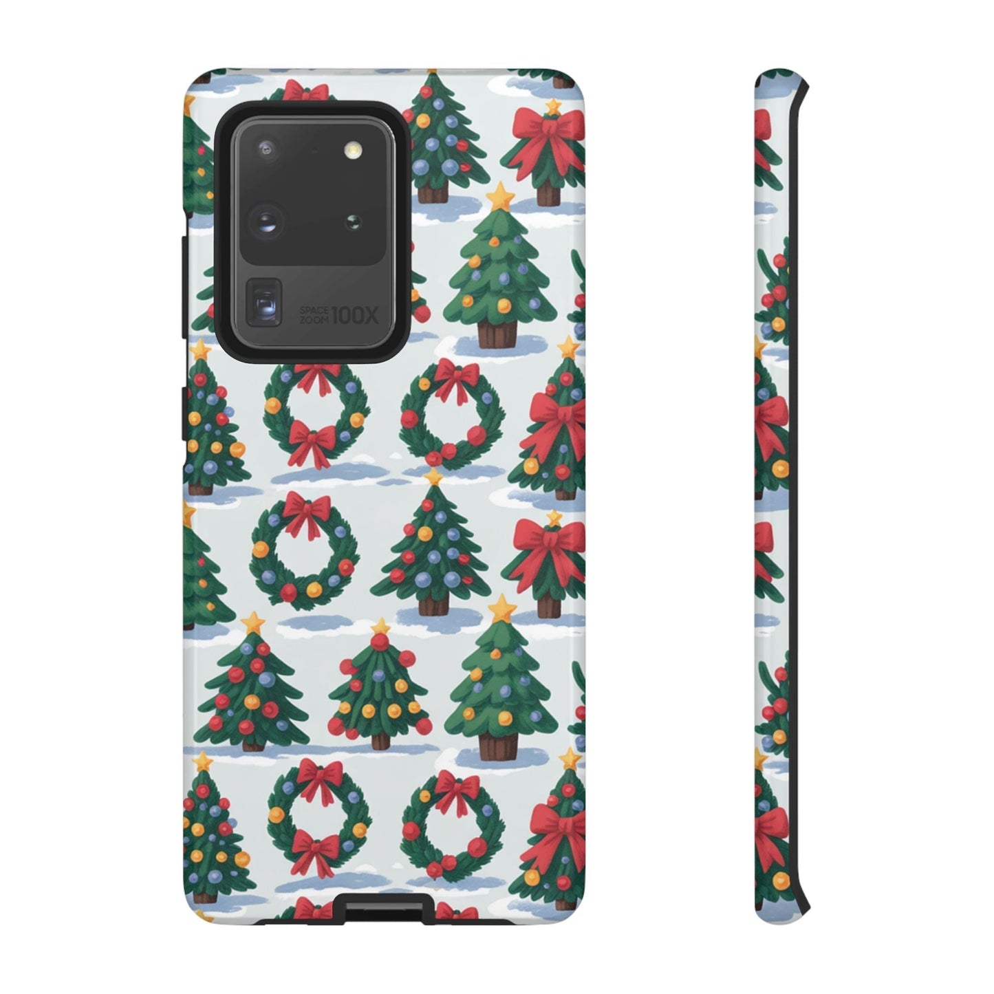 Samsung phone case with festive Holiday Wreath Tree pattern in red, green, and gold on white background for Christmas protection