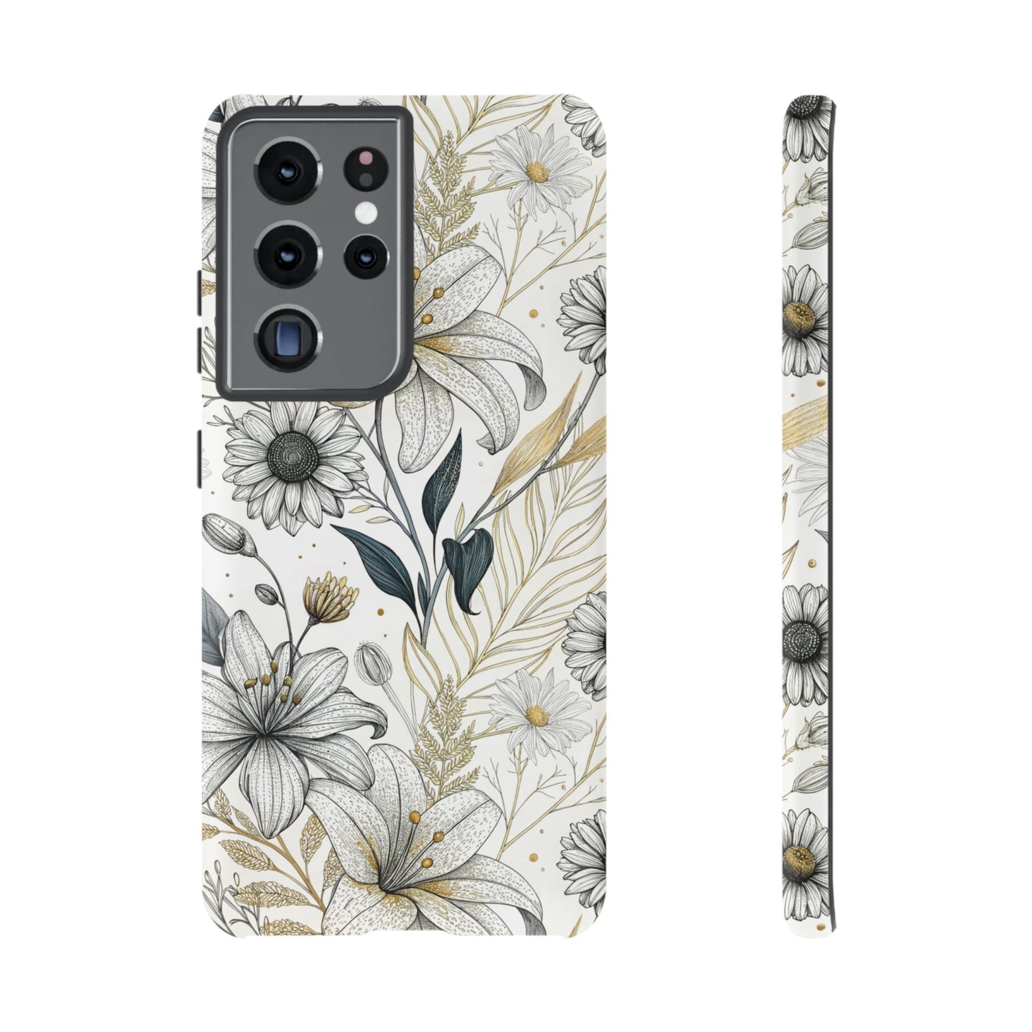 Samsung tough phone case with golden leaf minimalist floral design and durable drop protection