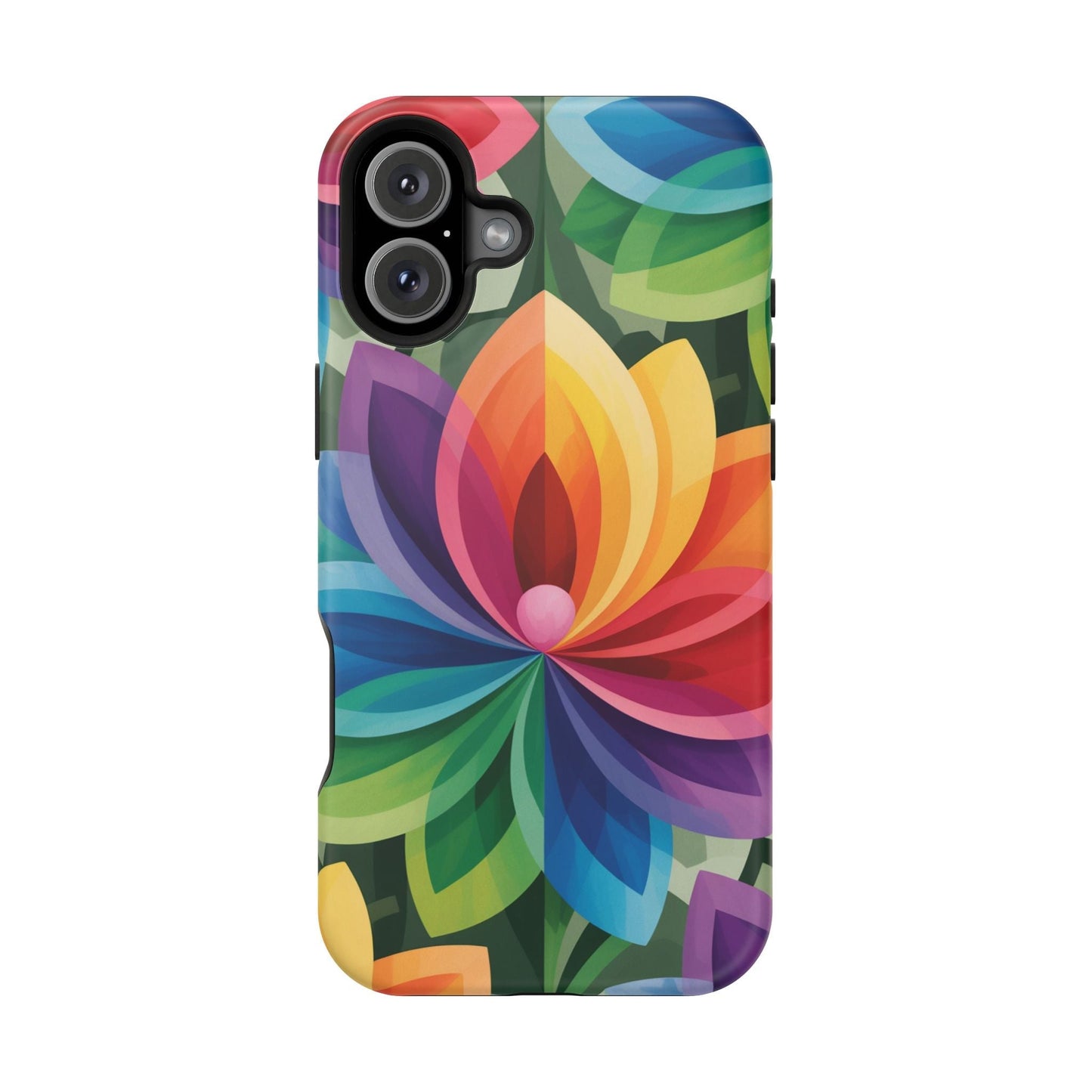 Rainbow Flower iPhone Case with vibrant multicolor floral design, magnetic tough dual-layer protection, and MagSafe compatibility
