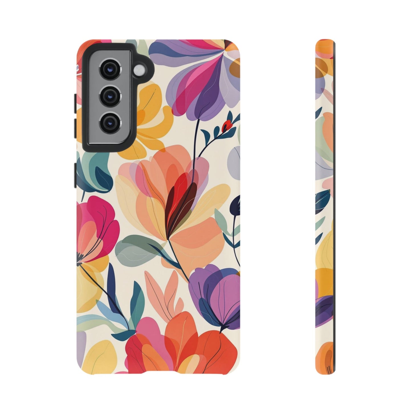 Samsung phone case with vibrant watercolor floral design, durable dual-layer protective cover