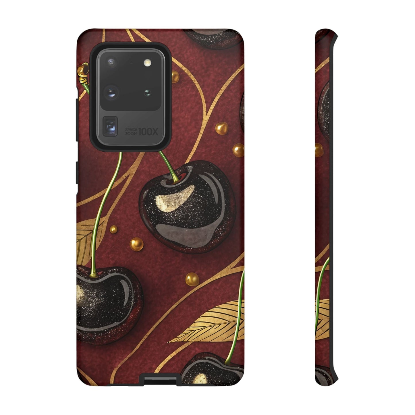 Samsung phone case with golden cherry design, durable and stylish protection for Samsung Galaxy models.