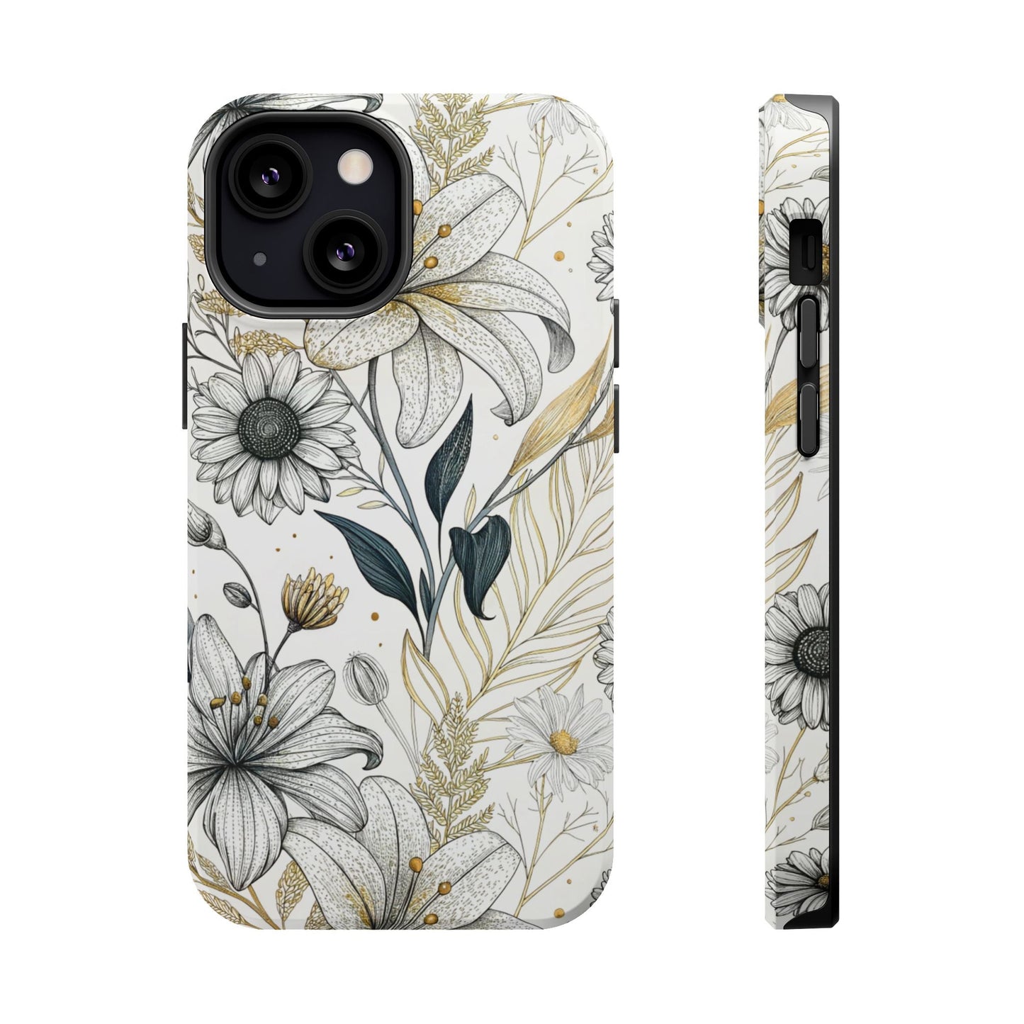 iPhone case with modern minimalist golden leaf flower design and durable protective dual-layer build
