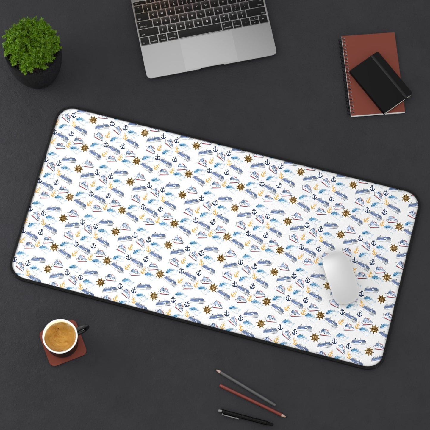 Cruise ship inspired desk mat with nautical pattern, non-slip neoprene surface for office or study desk.