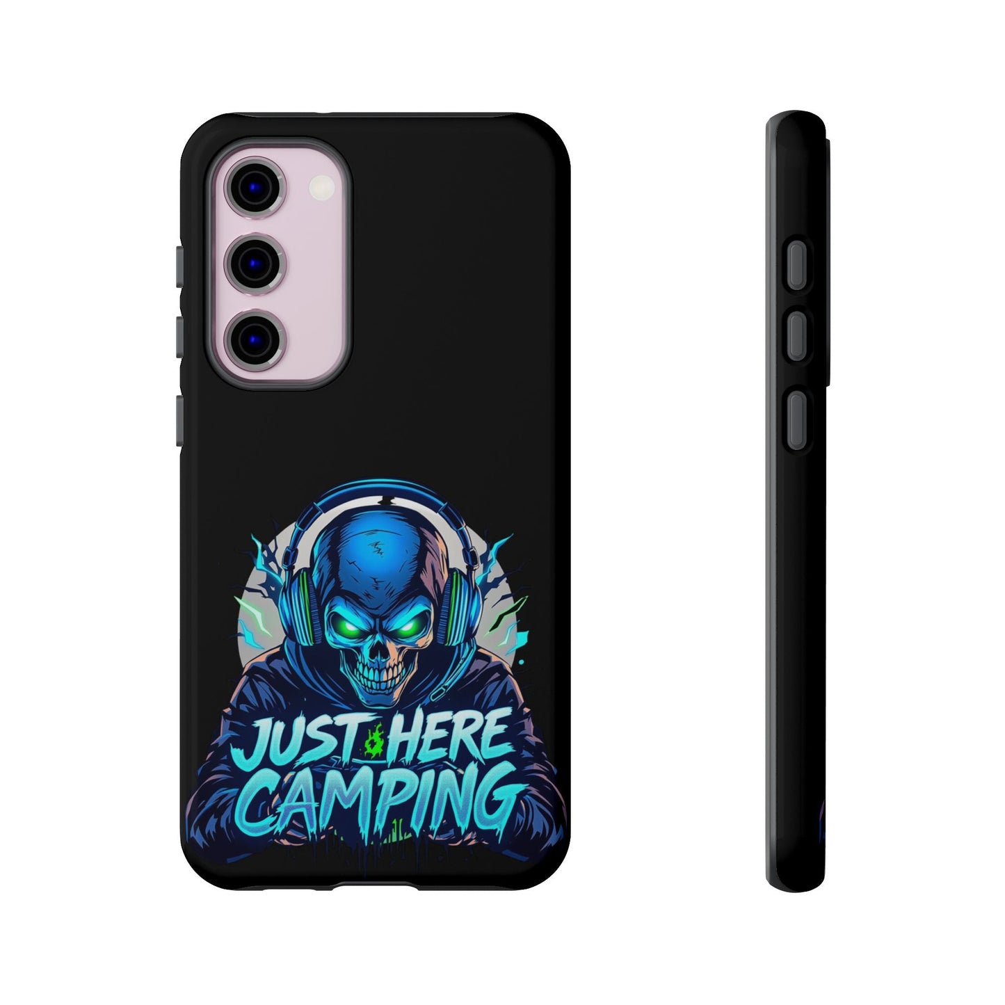 Samsung Tough Case with vibrant "Just Here Camping" gaming skull design for gaming enthusiasts case
