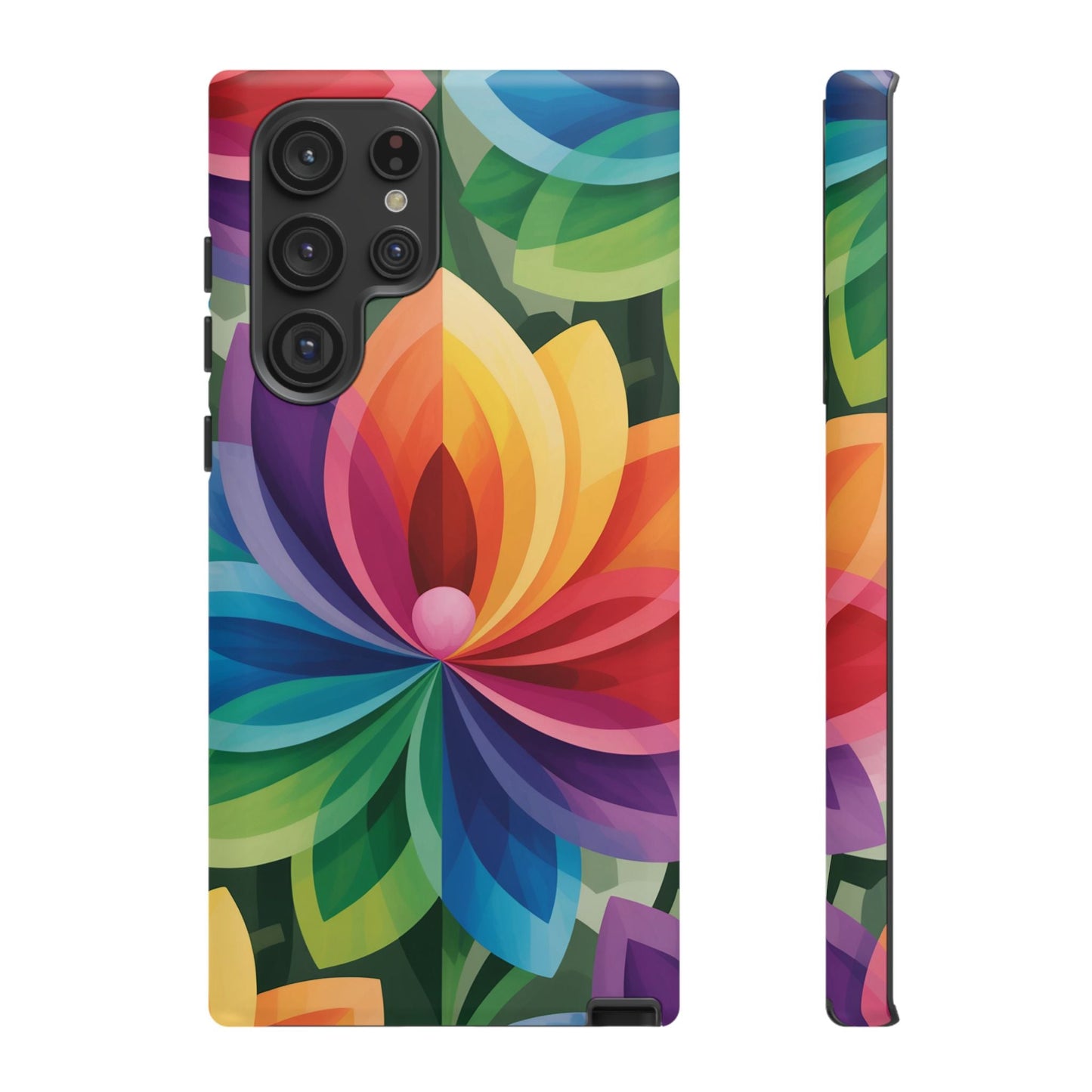 Samsung Tough Case with vibrant rainbow flower design, durable impact-resistant protection, and wireless charging support.