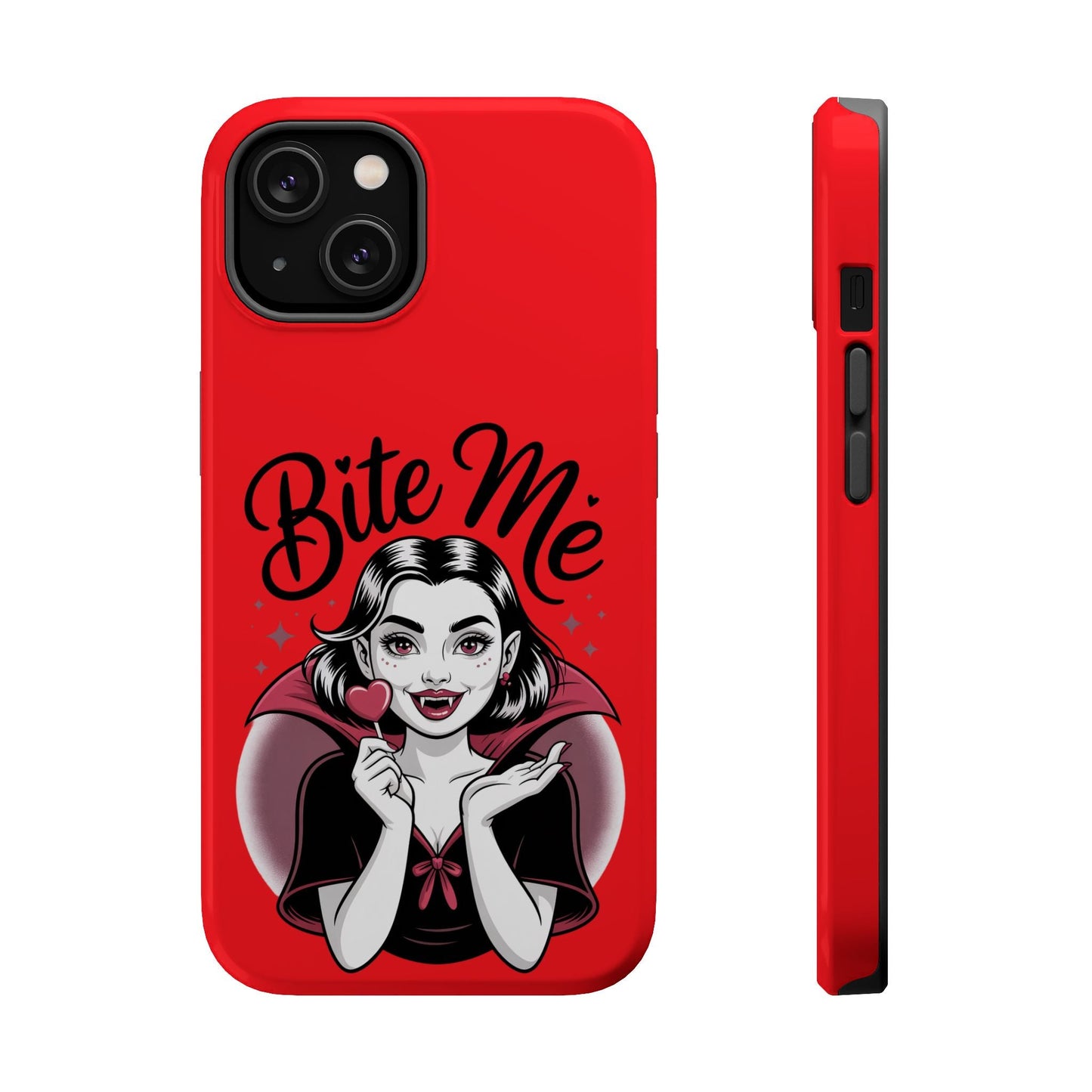 Red Halloween Vampire iPhone case with "Bite Me" text and cartoon female vampire holding a lollipop, MagSafe compatible tough protective design
