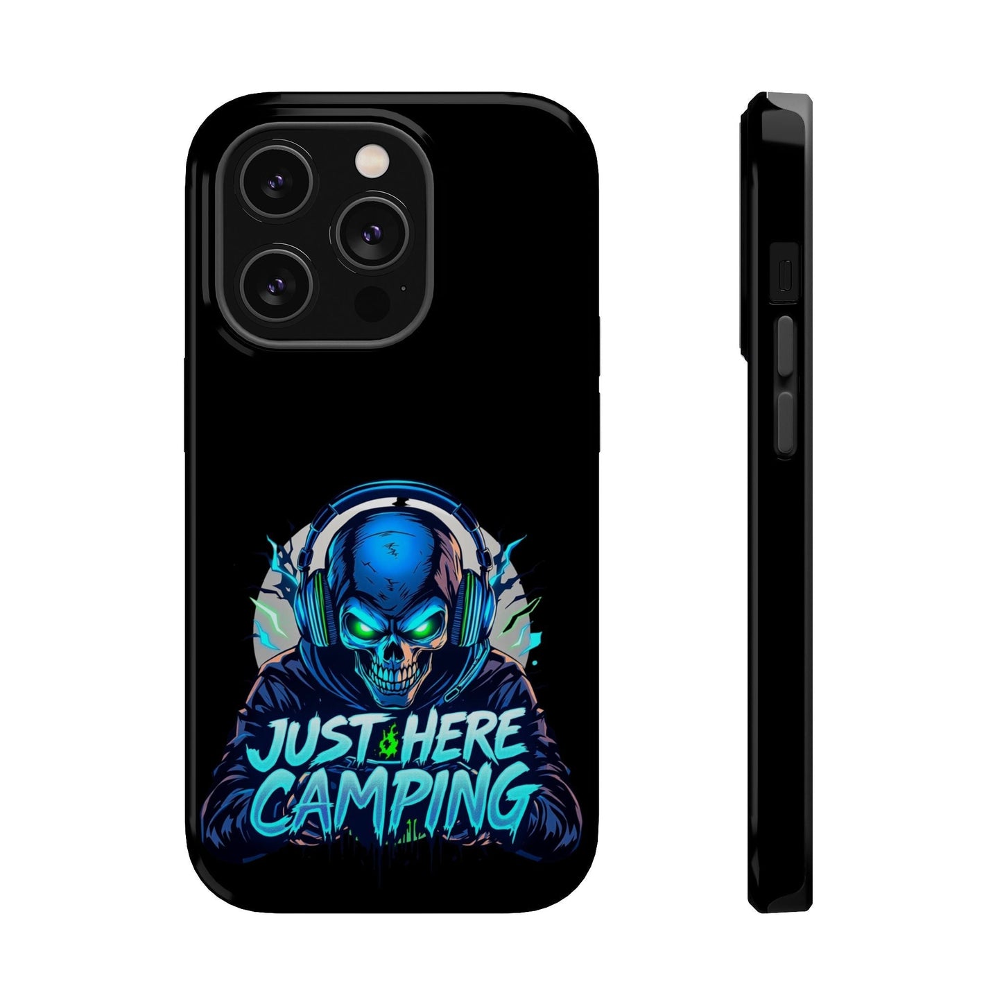 Just Here Camping Gamer iPhone tough case with vibrant skull gaming design and durable dual-layer protection