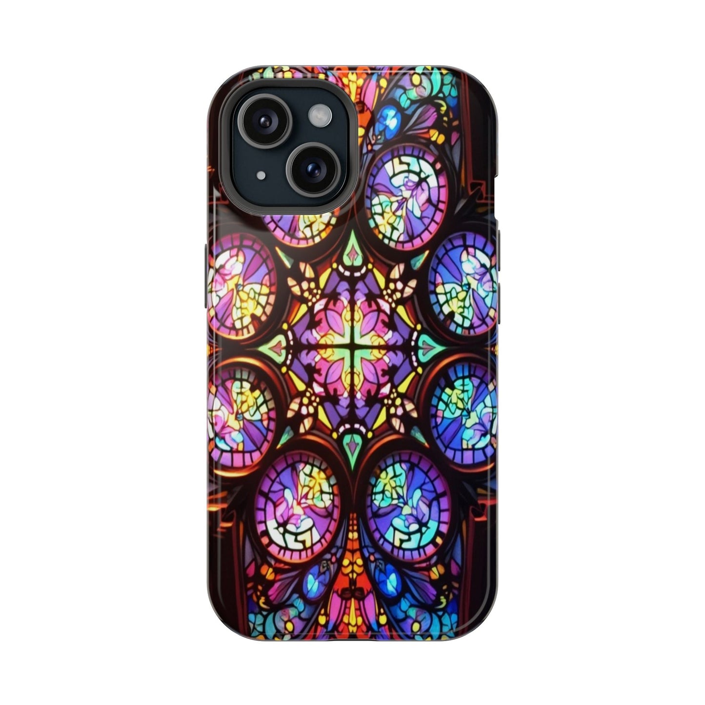 Colorful hypnotic stained glass pattern iPhone tough case with durable protective dual layer design and MagSafe magnet