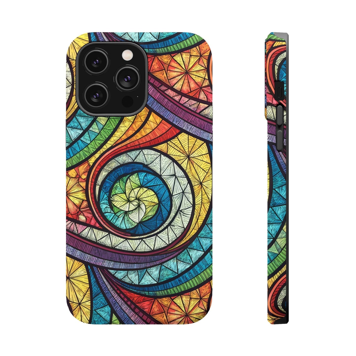 iPhone case with stained glass inspired rainbow swirl design and durable dual-layer protection