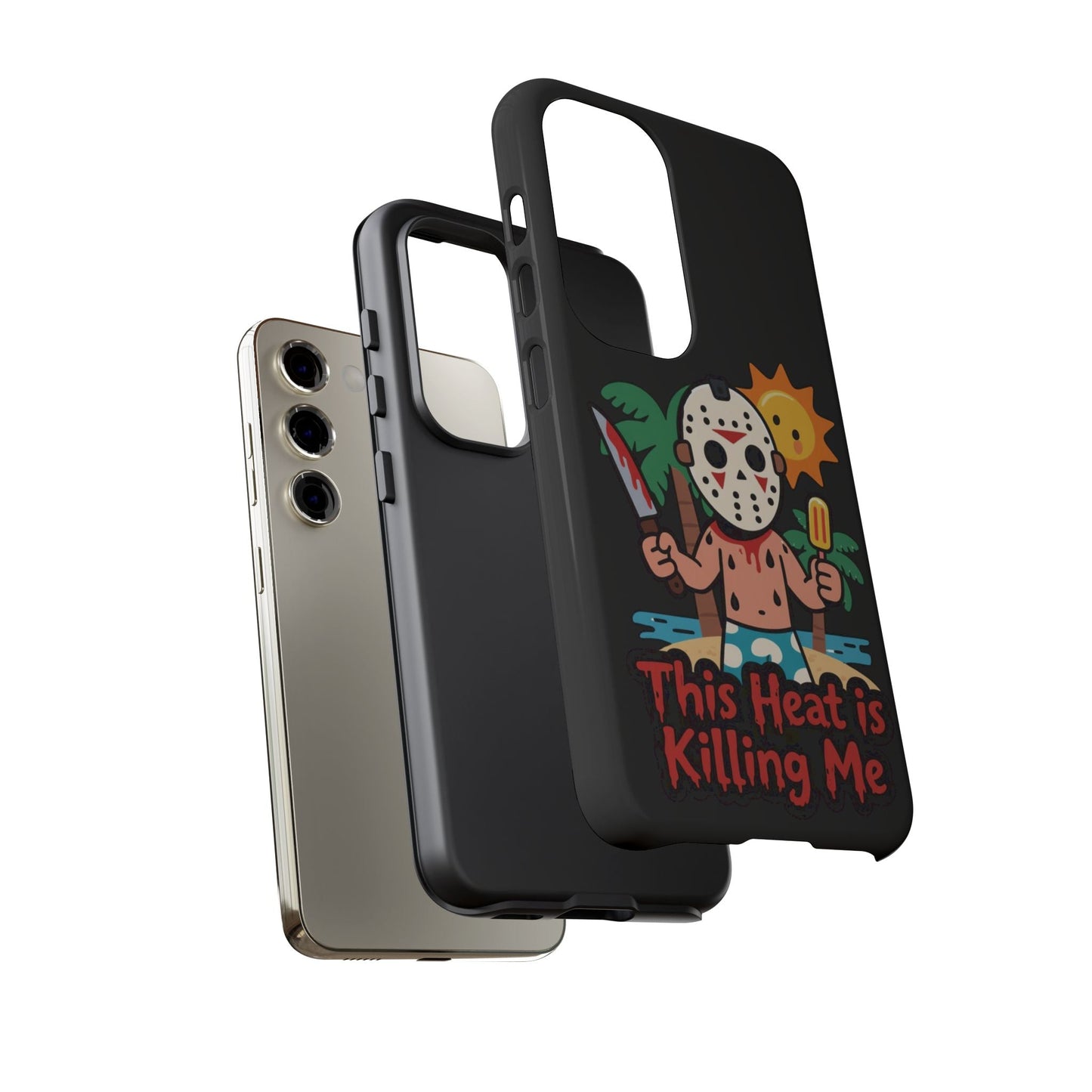 Samsung phone case with heat is killing me Summerween inspired design featuring a character holding a knife and popsicle, durable and shock-absorbent protection