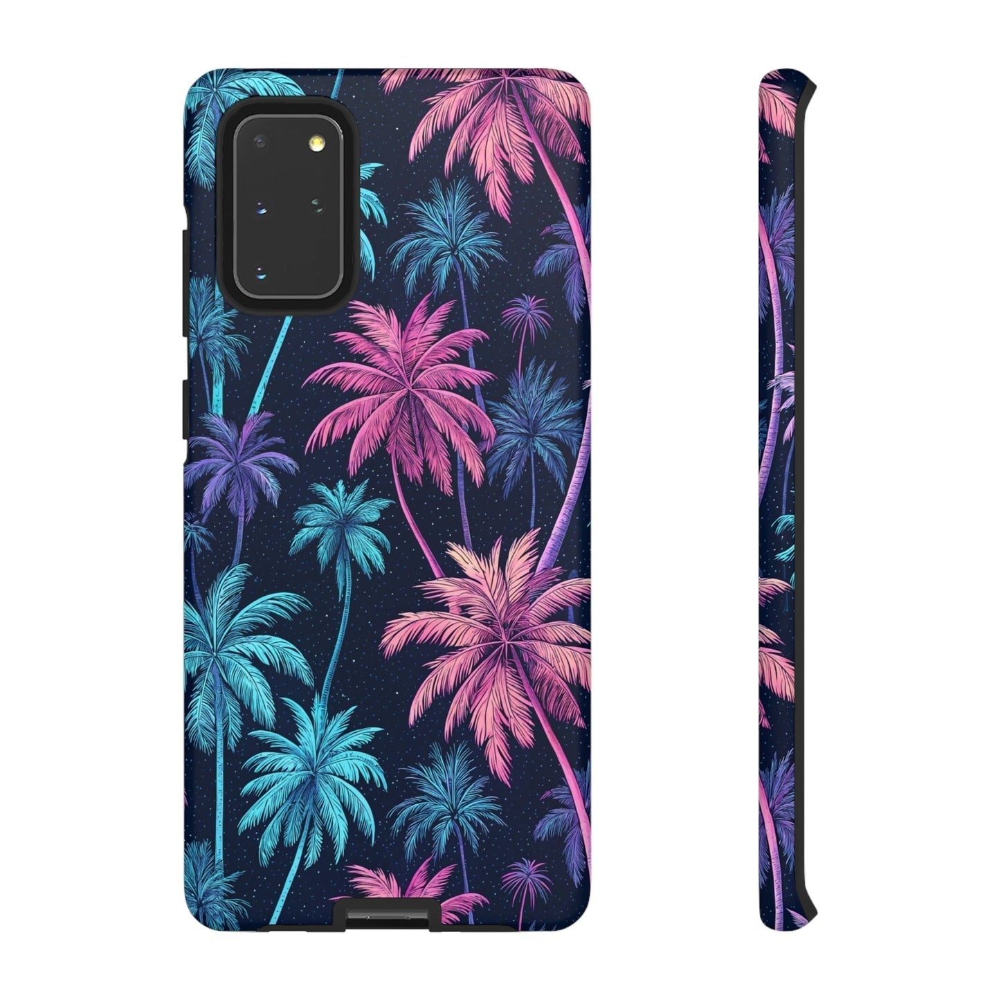Samsung Galaxy phone case with vibrant neon pink and blue palm tree design, tropical style, protective and lightweight cover