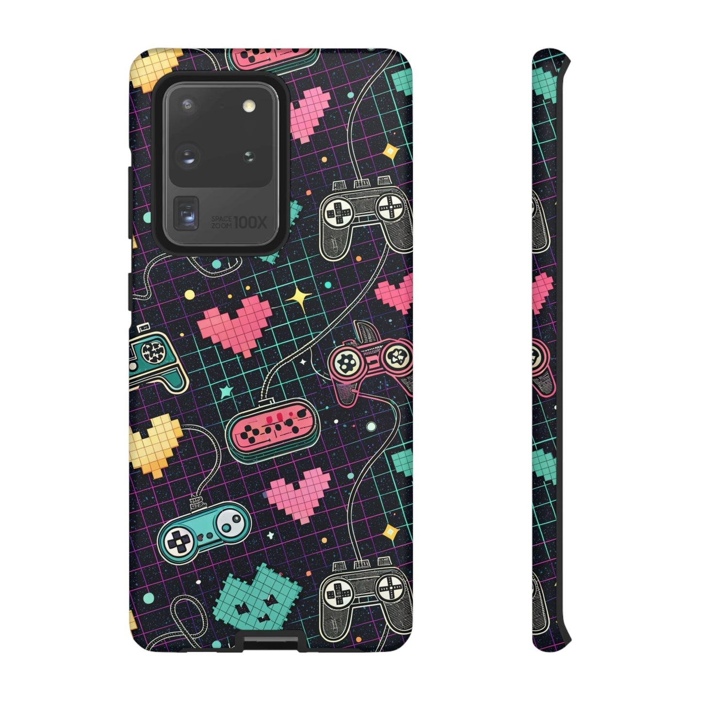 Retro Gamer Tough Case for Samsung Galaxy with colorful pixelated game controllers and hearts design, durable and impact-resistant phone cover.