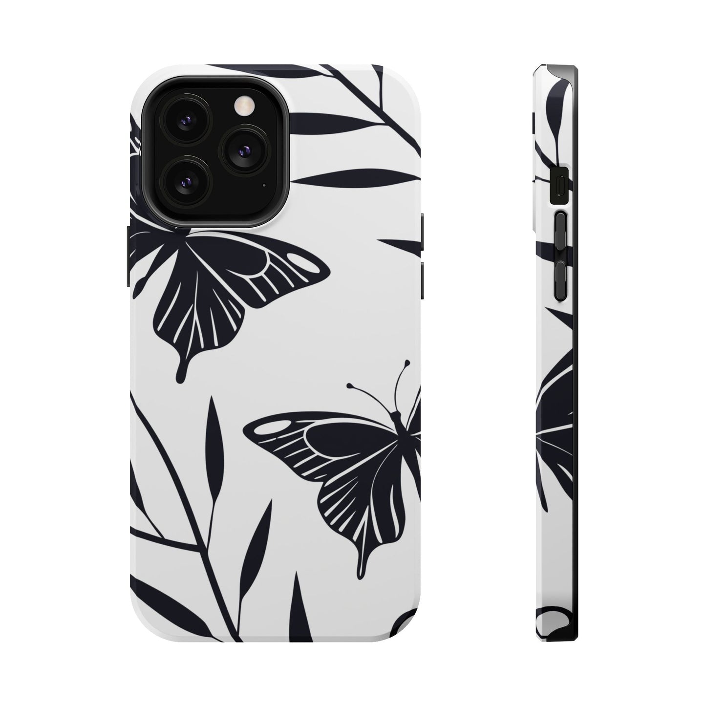 Black and white minimalist butterfly design iPhone case with durable dual layer protection and MagSafe compatibility
