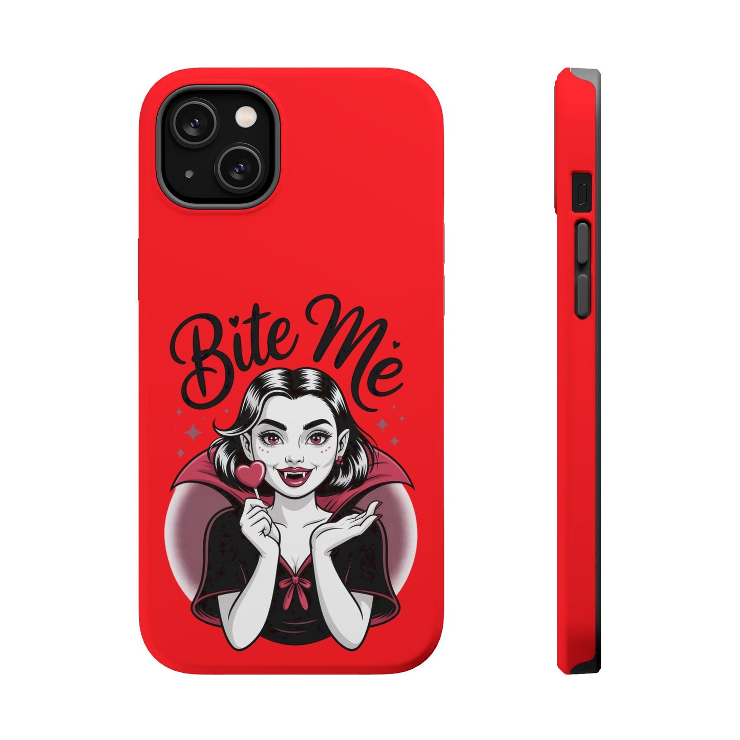Halloween Vampire iPhone tough case with red background and "Bite Me" vampire girl design, durable protective polycarbonate shell, MagSafe compatible.