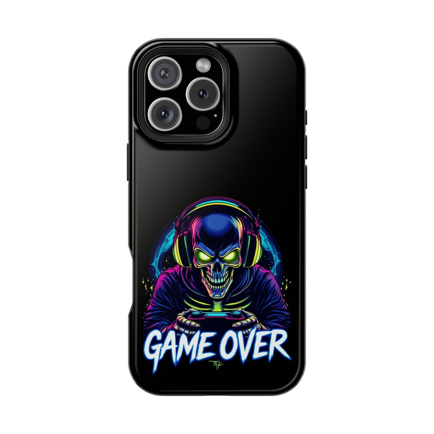 Game Over Gamer iPhone tough case with vibrant skull gaming design, durable dual-layer MagSafe compatible cover