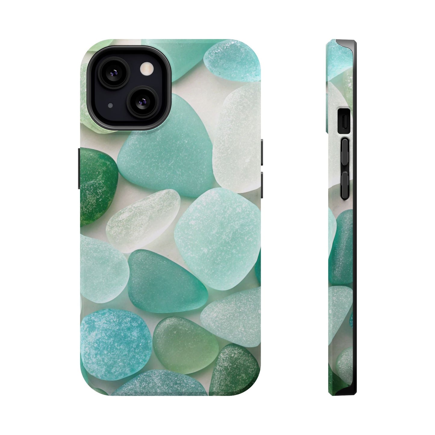 iPhone case with sea glass inspired design in calming blue and green tones, featuring durable polycarbonate and TPU dual-layer protection with built-in MagSafe magnet