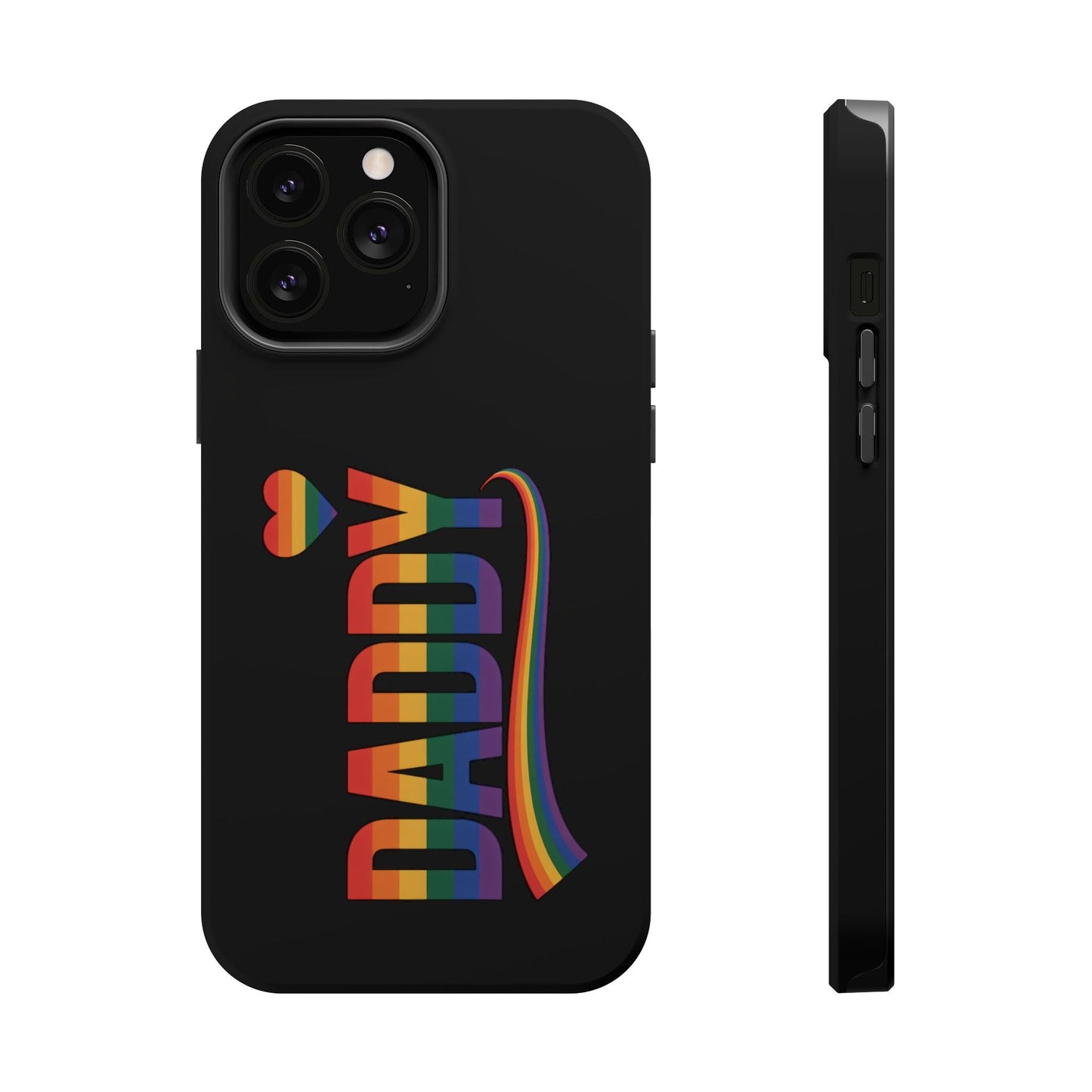 Black iPhone tough case with rainbow "DADDY" text and heart design for Fun Daddy LGBT Daddy theme, featuring MagSafe compatibility and durable protection.