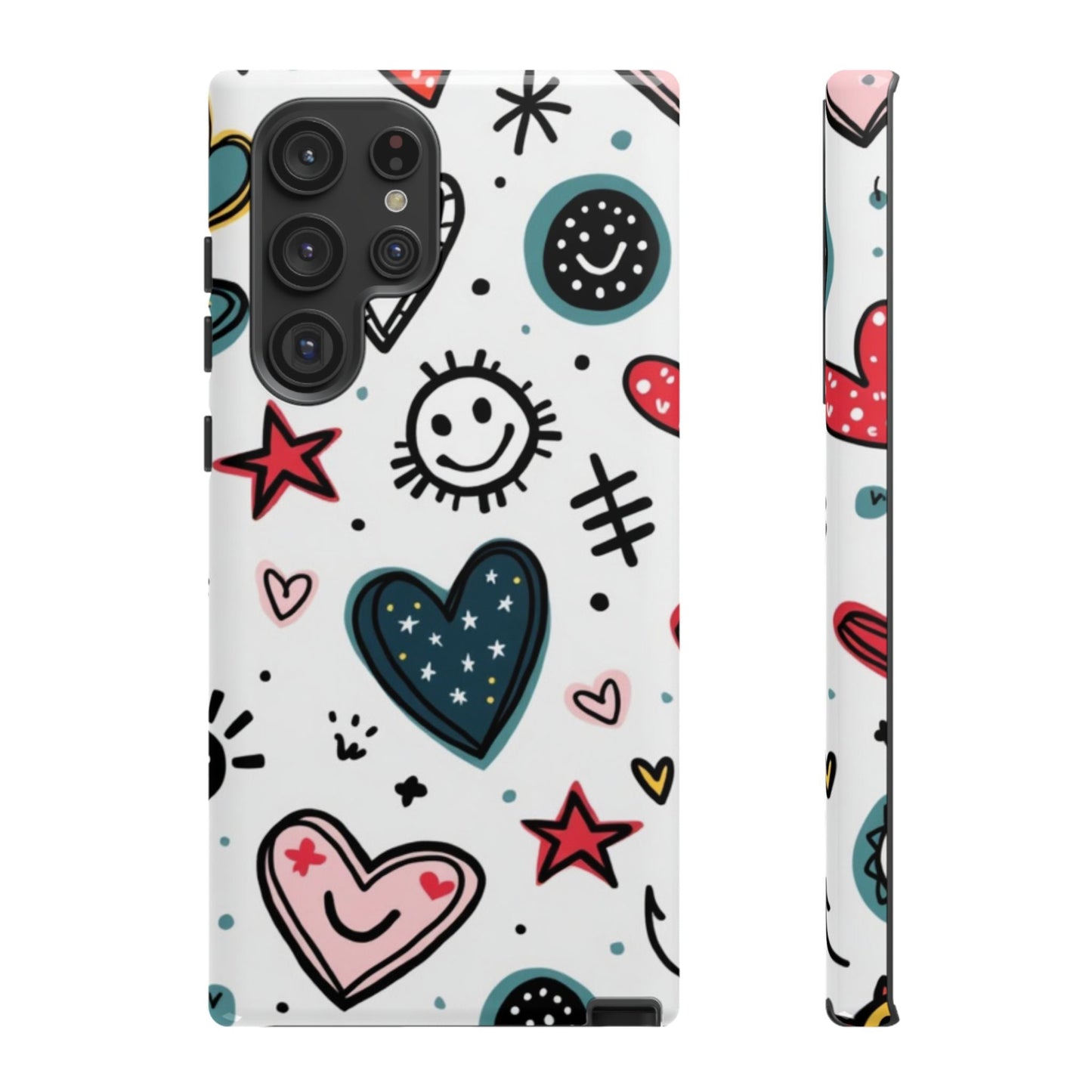 Samsung phone case with colorful smiley faces, hearts, and star designs, durable and shock-absorbent for Galaxy S series models.