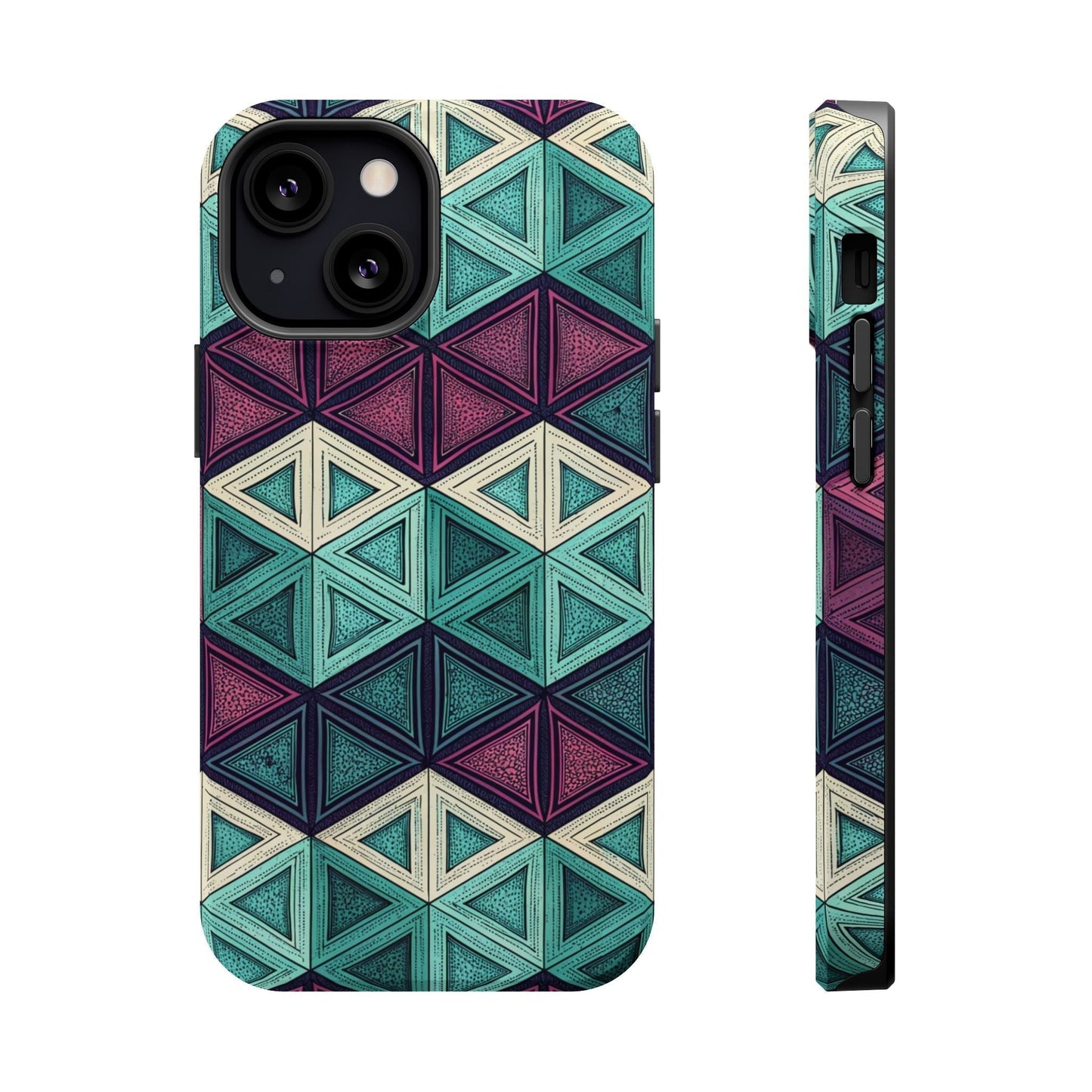 Purple and teal abstract magnetic tough iPhone case with geometric triangle design and MagSafe compatibility