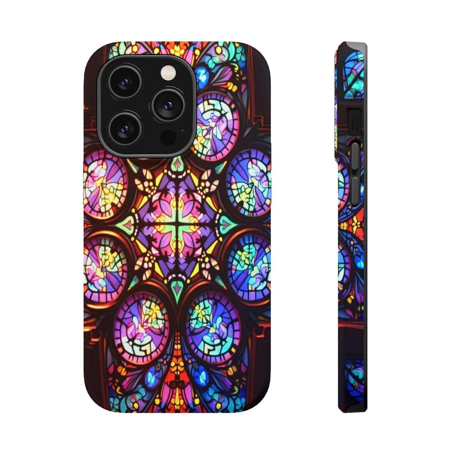 Colorful hypnotic stained glass iPhone tough case with vibrant wrap-around design and MagSafe magnet