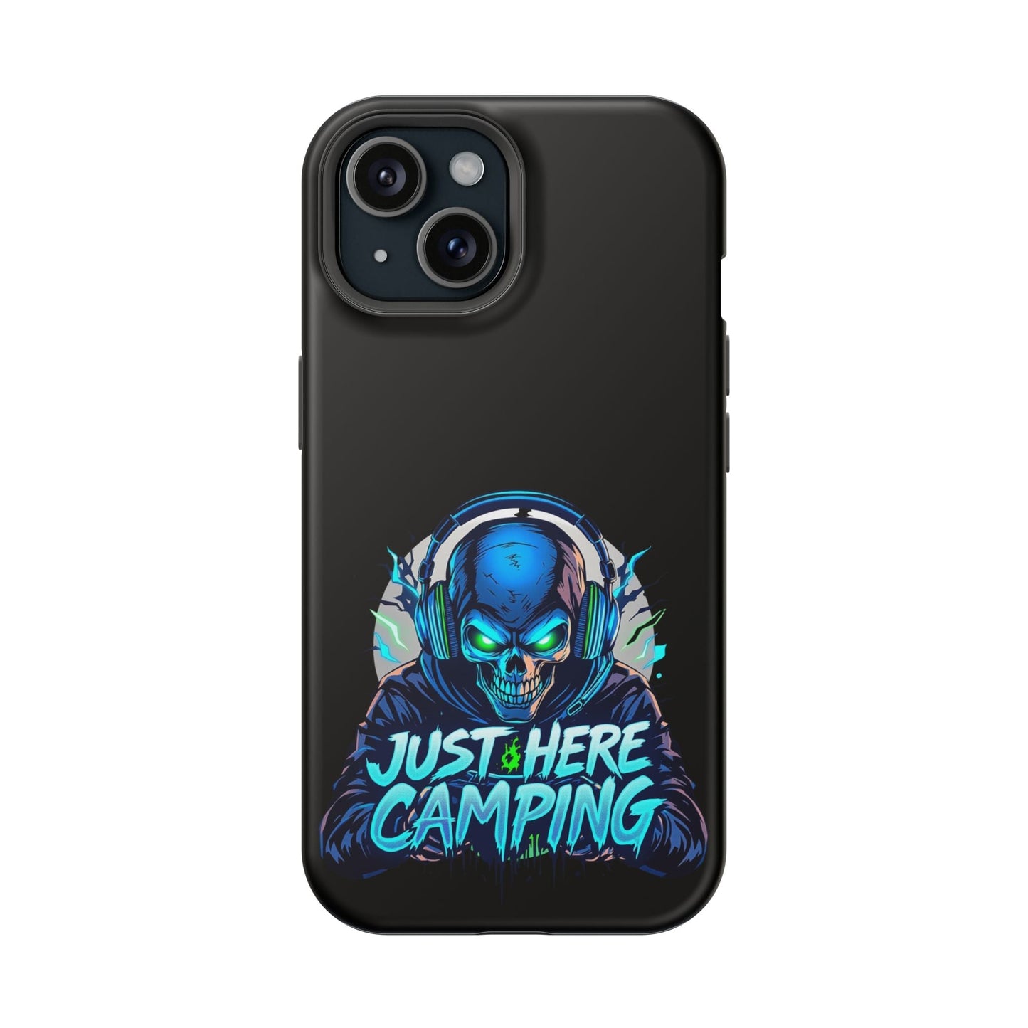 iPhone tough case with vibrant Just Here Camping Gamer skull design and MagSafe compatibility