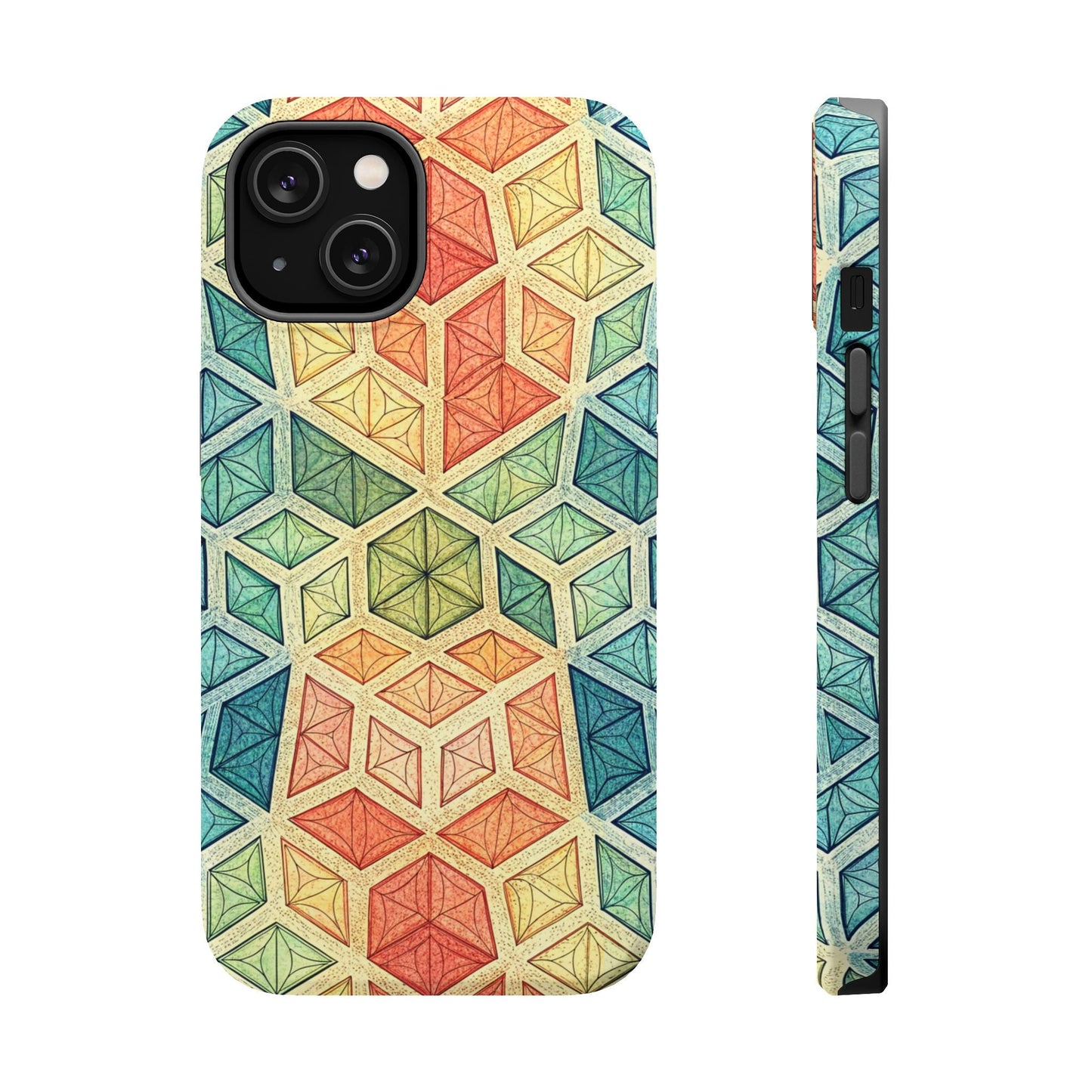 Colorful fractal iPhone case with geometric pattern and magnetic MagSafe compatibility