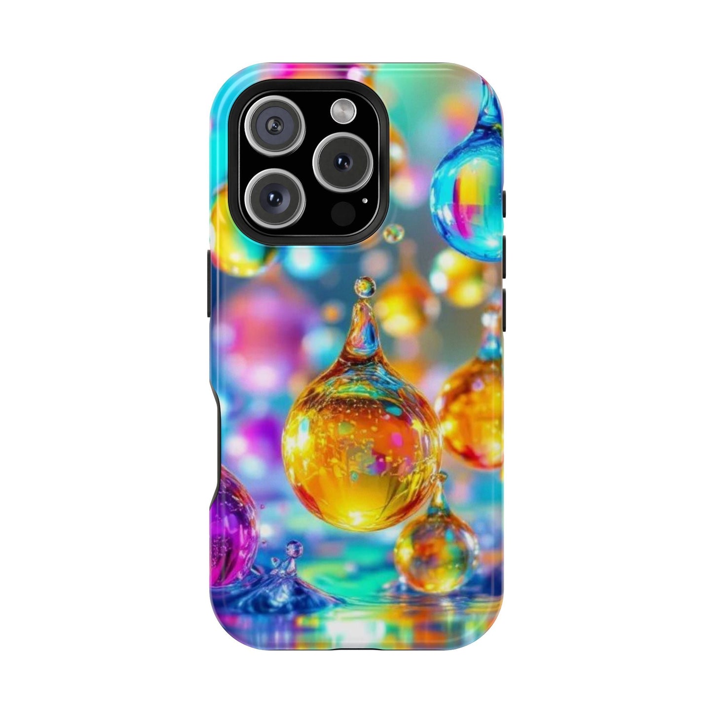 iPhone tough case with vibrant golden raindrop design and colorful abstract background