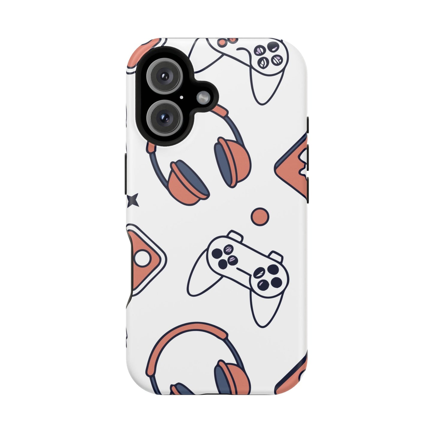 Gamer iPhone tough case with dual-layer protection and gaming-themed design including controllers and headphones