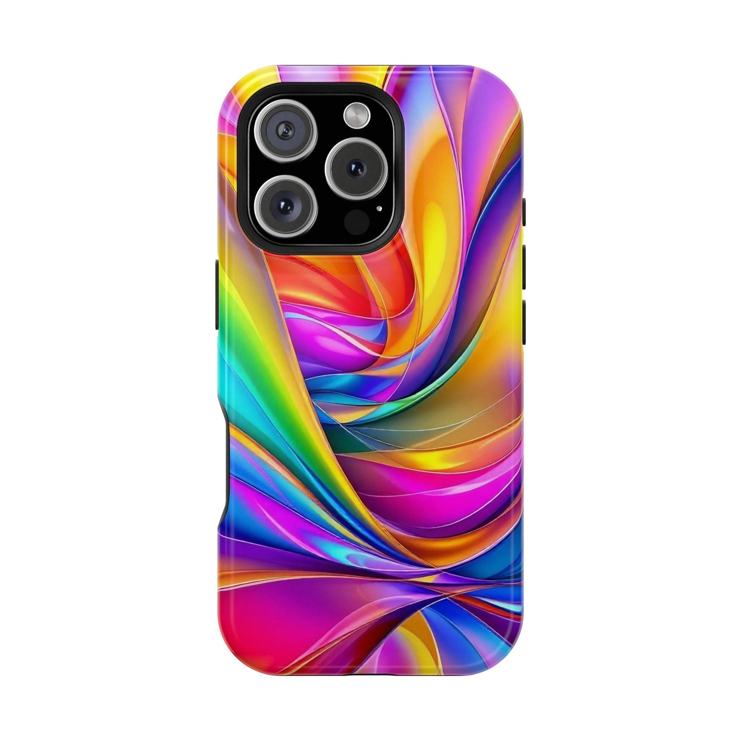 Deconstructed Rainbow Wave vibrant iPhone tough case with colorful abstract swirl design and MagSafe compatibility