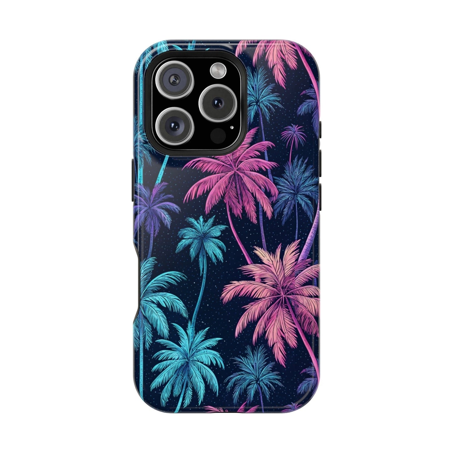 Neon Palm Trees phone case with vibrant tropical pink and blue palm design for iPhone, featuring dual-layer protection and MagSafe compatibility.