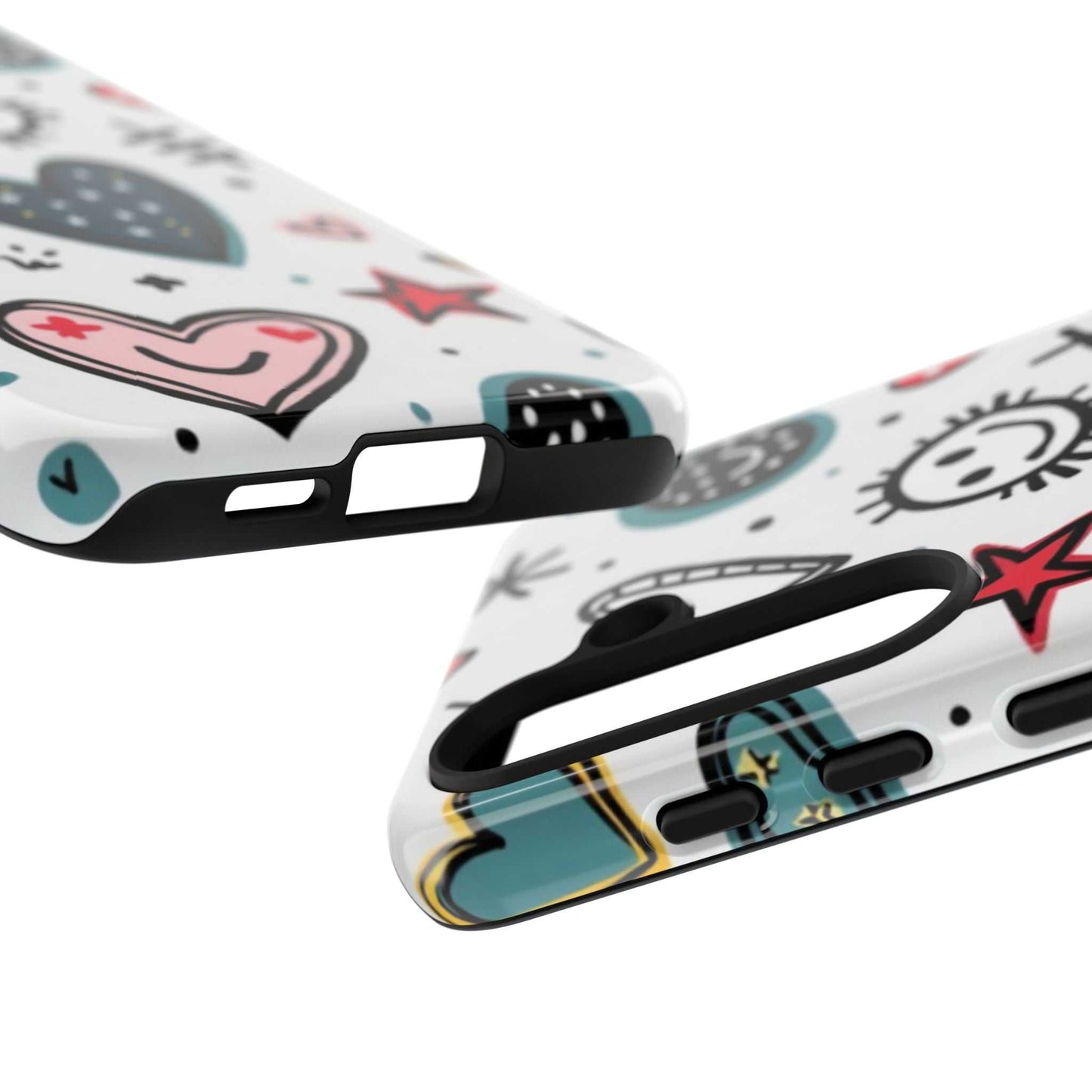 Close-up of Smiles and Hearts Samsung tough phone case with colorful playful 3D-printed hearts and stars design, showing cutouts and protective edges.