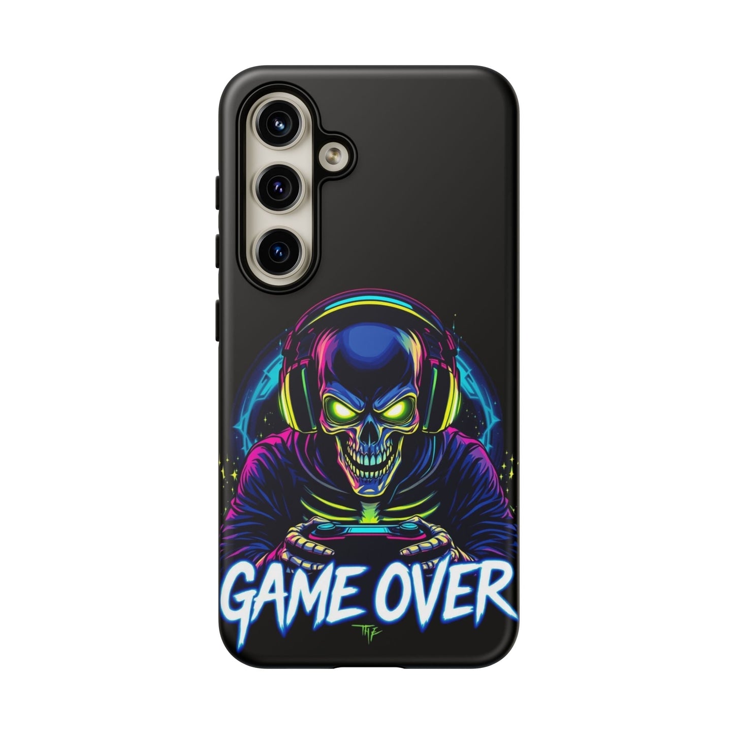 Samsung phone case with colorful skull gamer wearing headphones and "Game Over" text design, durable impact-resistant cover for gamers and tech lovers